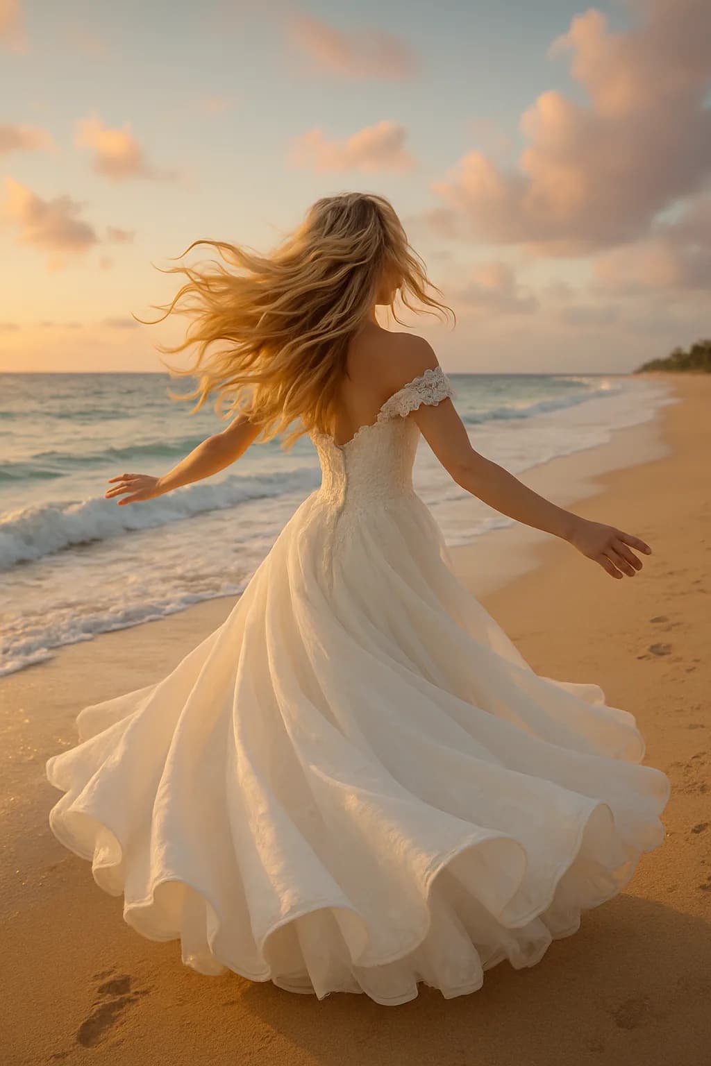 A bride with long, blonde hair styled in loose waves stands on a beach during her wedding, surrounded by soft sand and ocean waves.