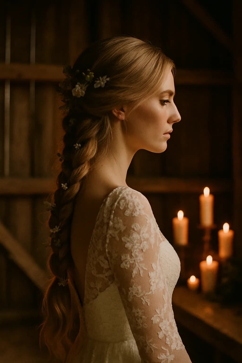 A long, blonde wedding hairstyle with soft waves styled against a rustic barn interior, featuring wooden beams and warm lighting.