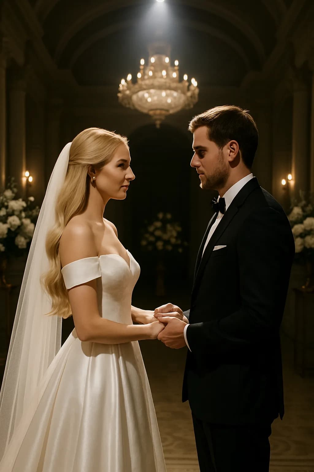 A wide shot of a luxurious indoor wedding venue with high ceilings, crystal chandeliers, and a bride with long blonde wavy hair in a lace gown.