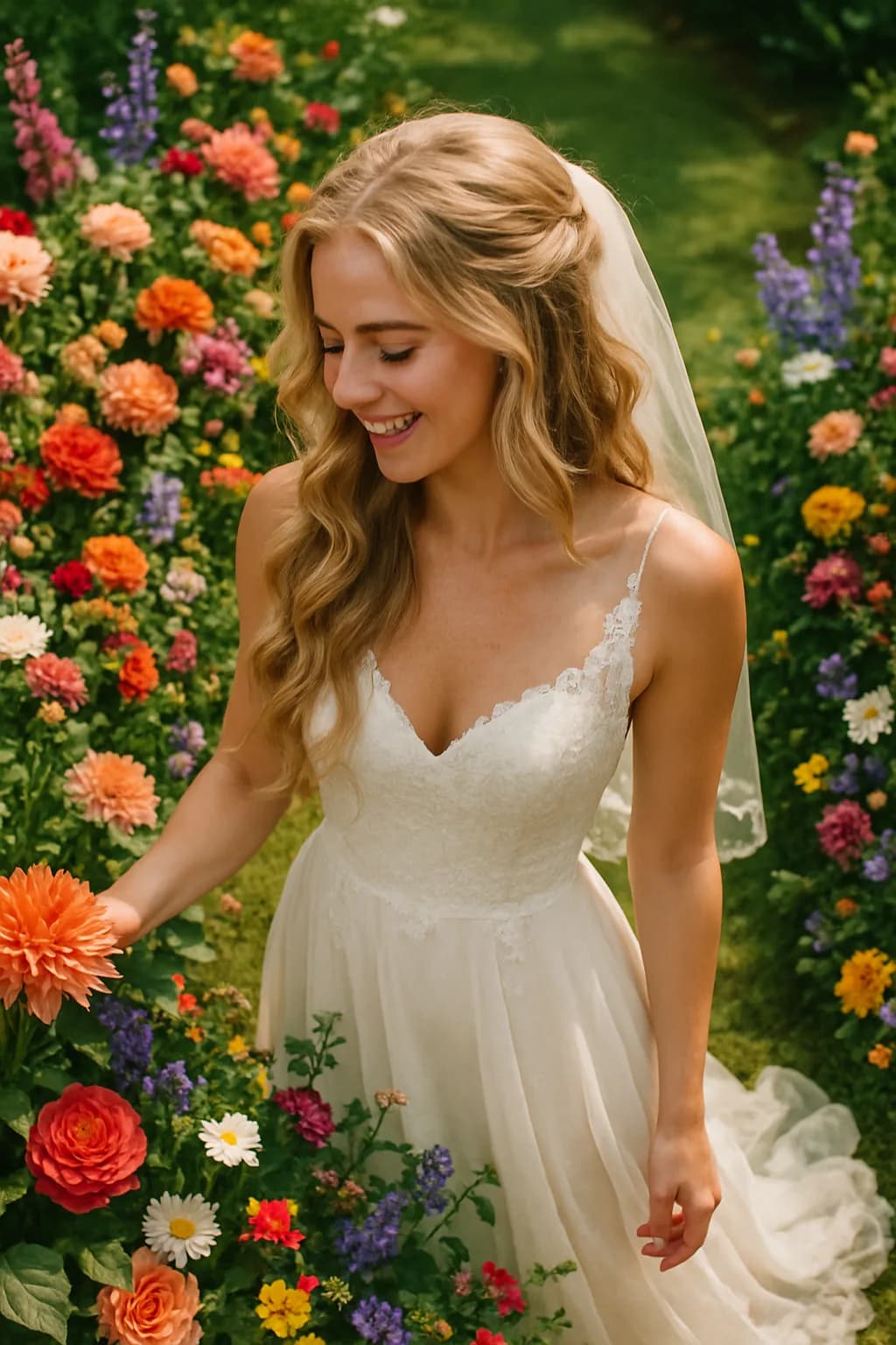 Aerial view of a bride with long, blonde hair styled in waves, surrounded by a vibrant garden filled with flowers in pink, purple, and white hues.