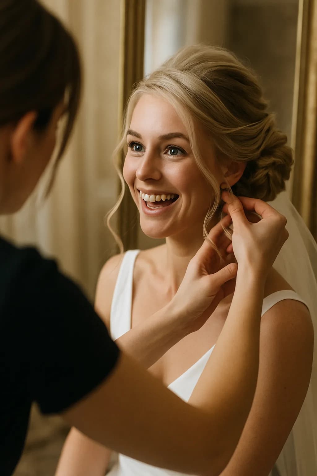A macro shot of a bride's long blonde hair being styled with curls and accessories, set in a luxurious indoor venue filled with soft light.