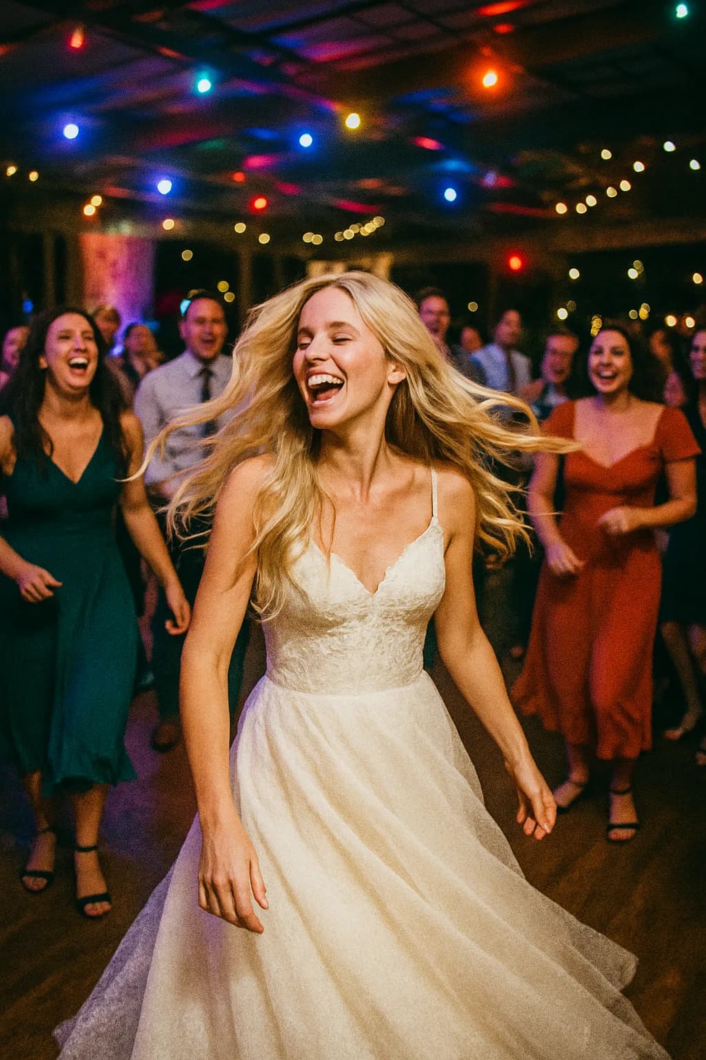 A long-haired blonde bride in a flowing wedding gown dances joyfully at her reception, surrounded by guests and string lights.