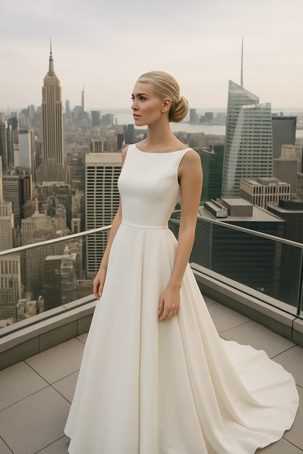 A modern city rooftop set up for a wedding, featuring elegant decor and a bride with long blonde hair styled in soft waves against a skyline background.