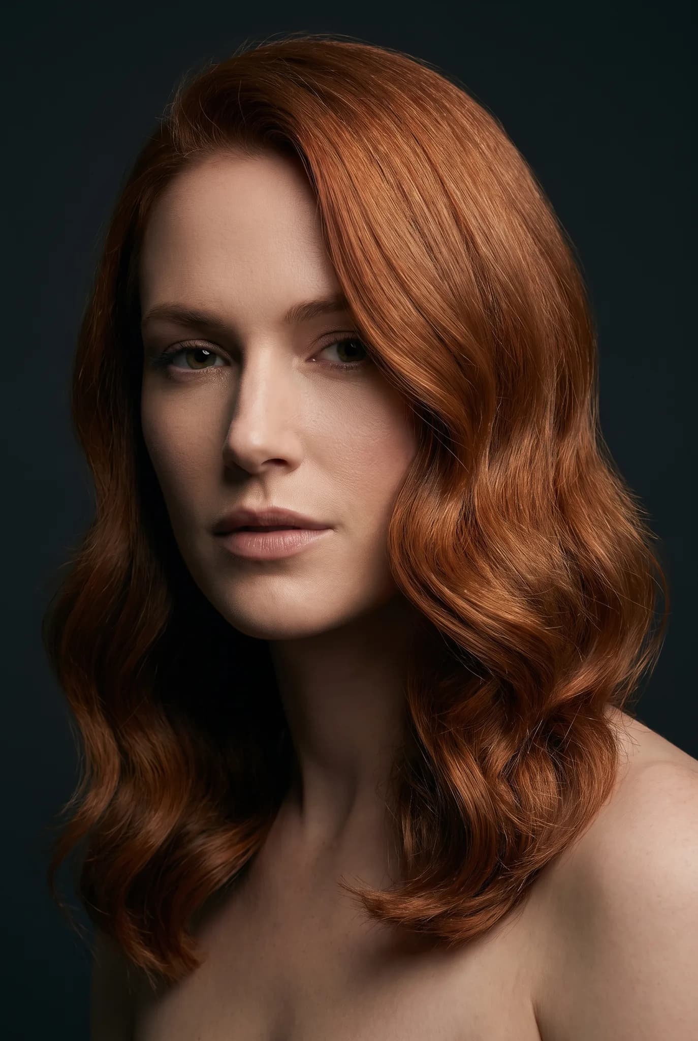 hairstyles: Editorial Beauty Portrait — front on — copper auburn — shoulder-length