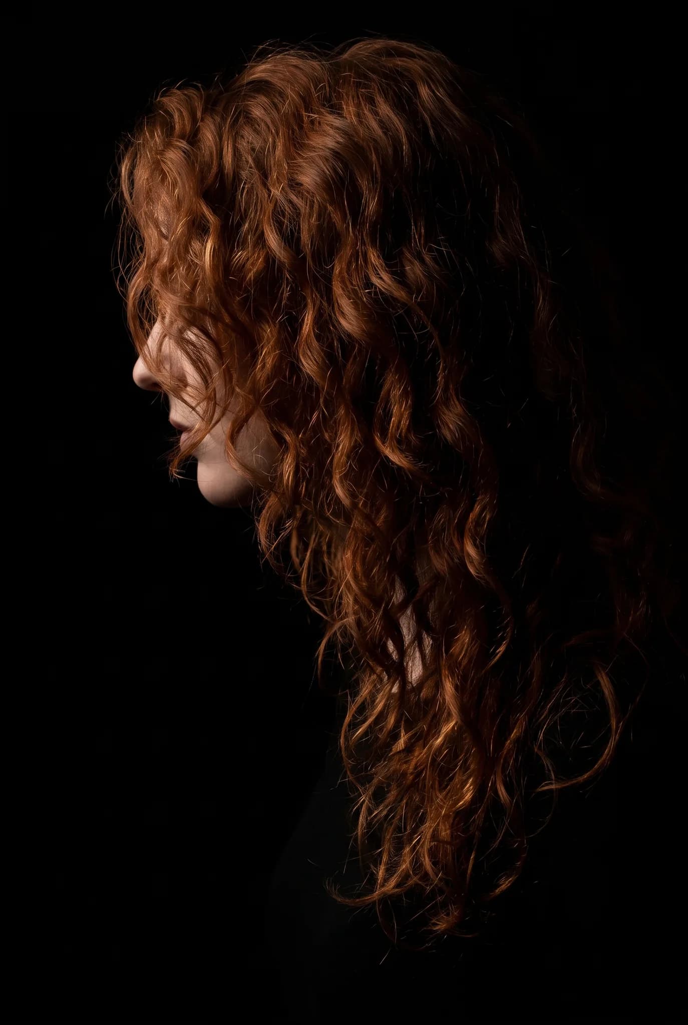 hairstyles: Cinematic Side Profile — front on — copper auburn — long past the shoulders