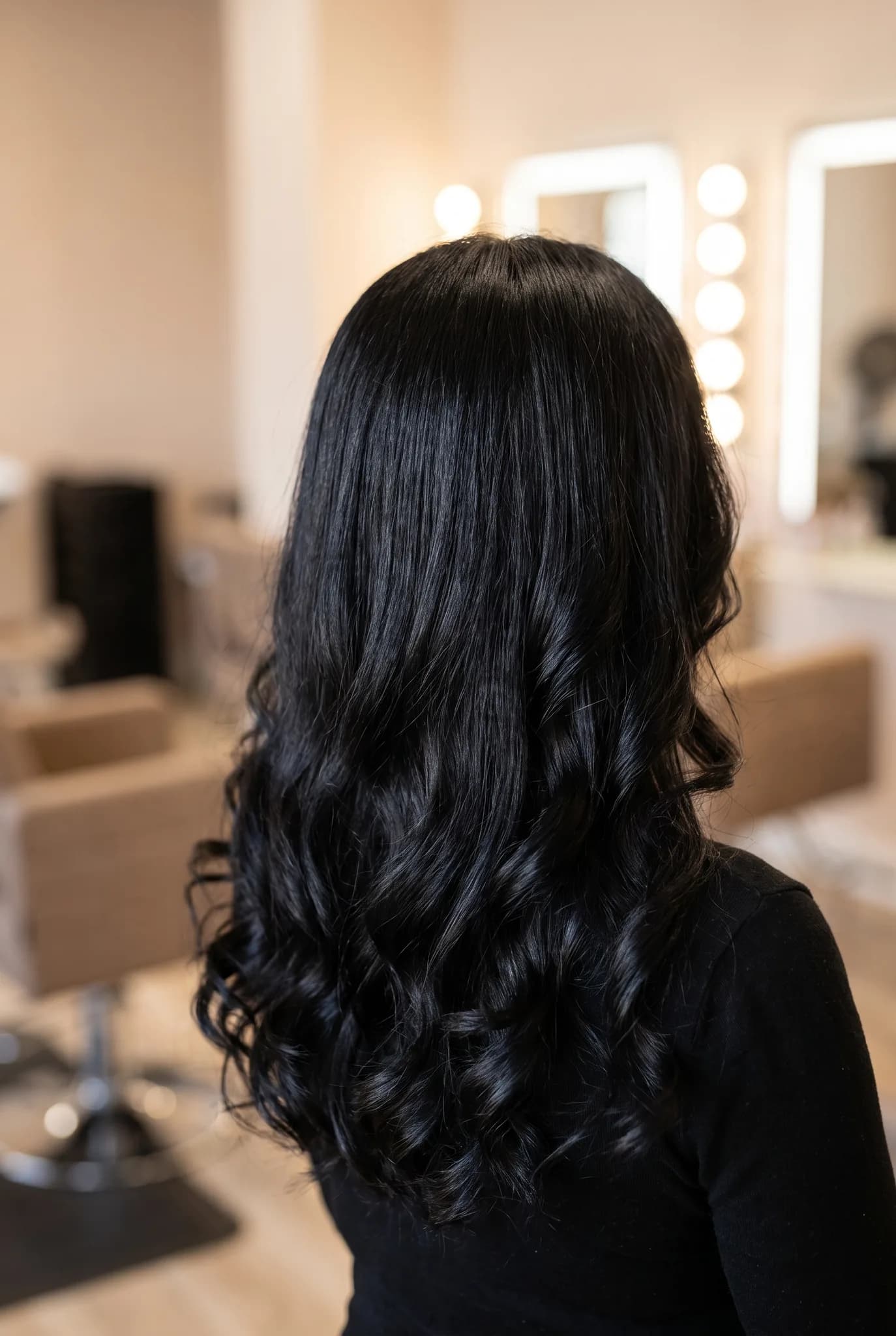 hairstyles: Salon Finish — from behind — jet black — long past the shoulders