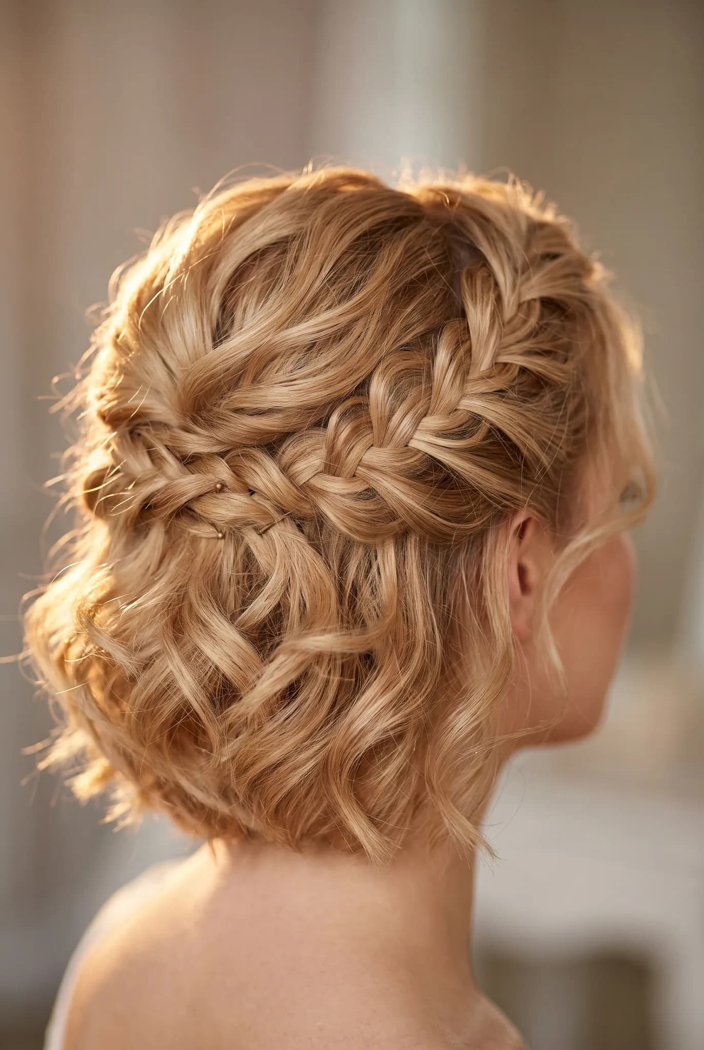hairstyles: Bridal Upstyle — three-quarter turn — warm blonde — cropped short