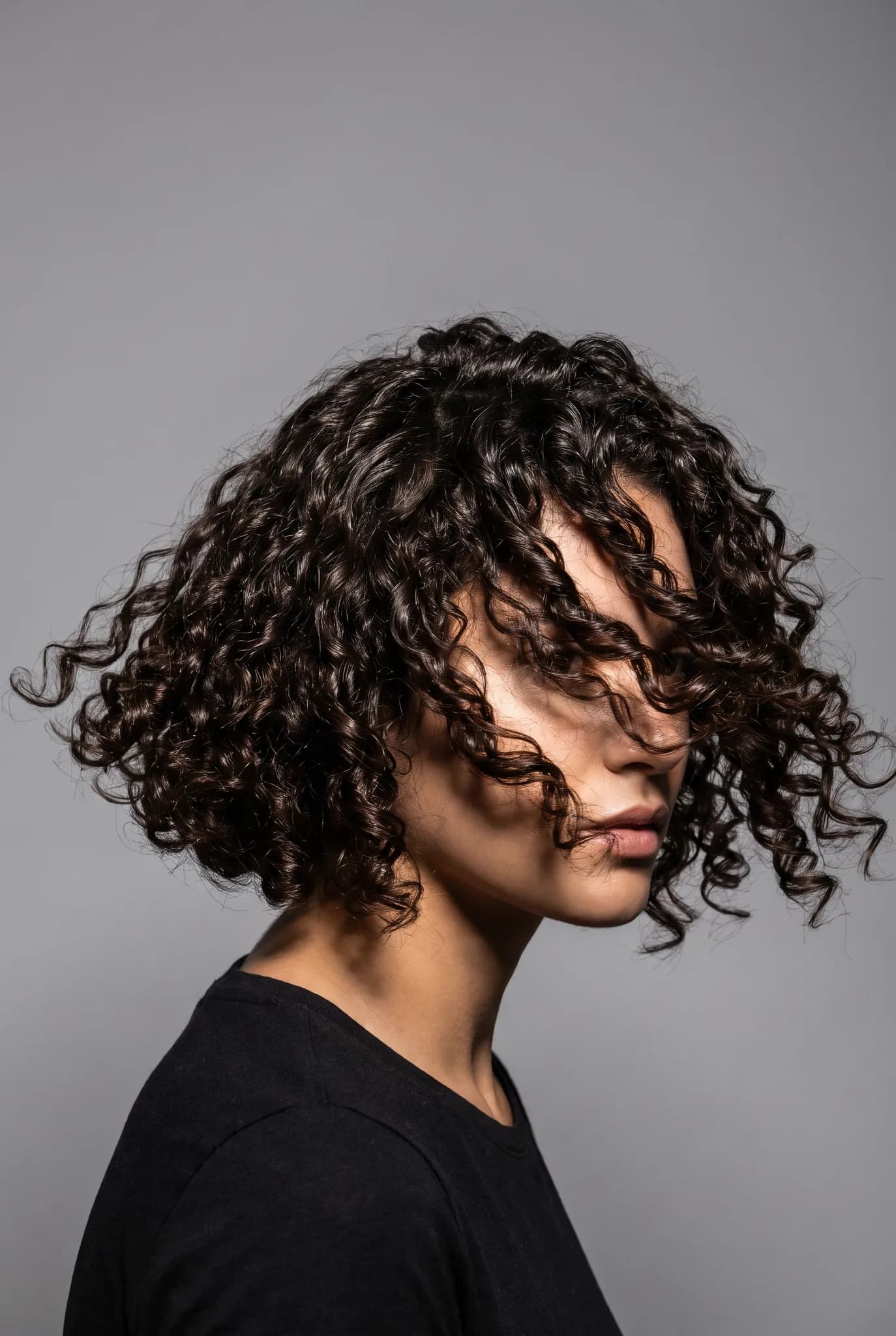 hairstyles: Hair in Motion — front on — dark brunette — chin-length bob