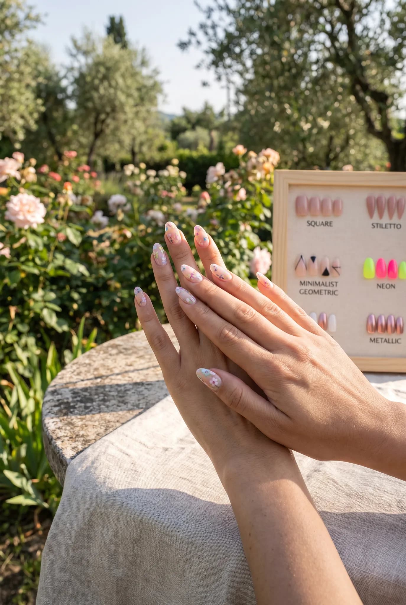 A sunny garden filled with colorful flowers and hands applying floral nail art, showcasing a photorealistic composition.