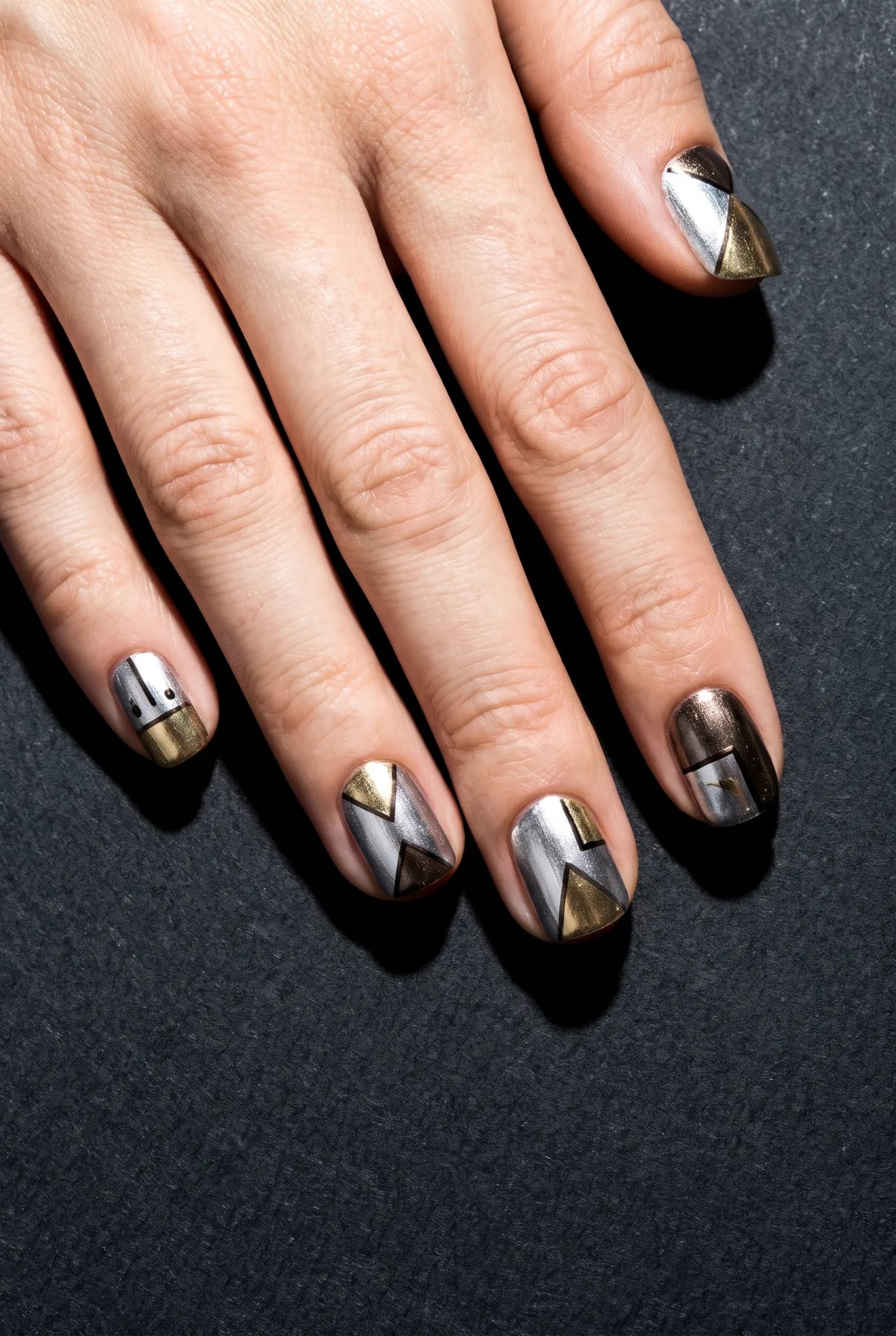An overhead view of various geometric nail art designs on nails of different lengths and shapes, displayed on a dark backdrop.
