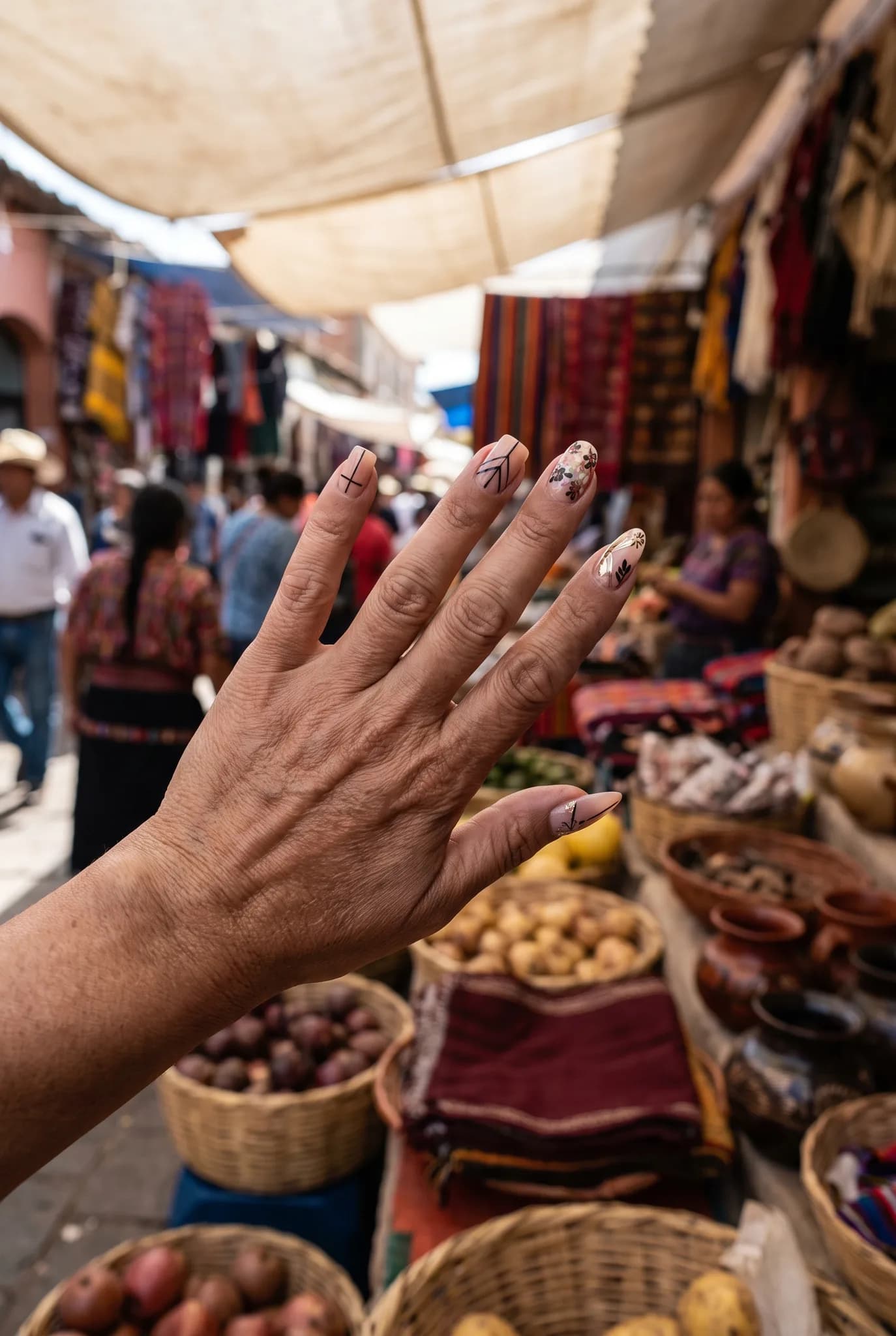A wide view of a cultural market featuring colorful stalls displaying traditional nails, with people browsing and natural light illuminating the scene.