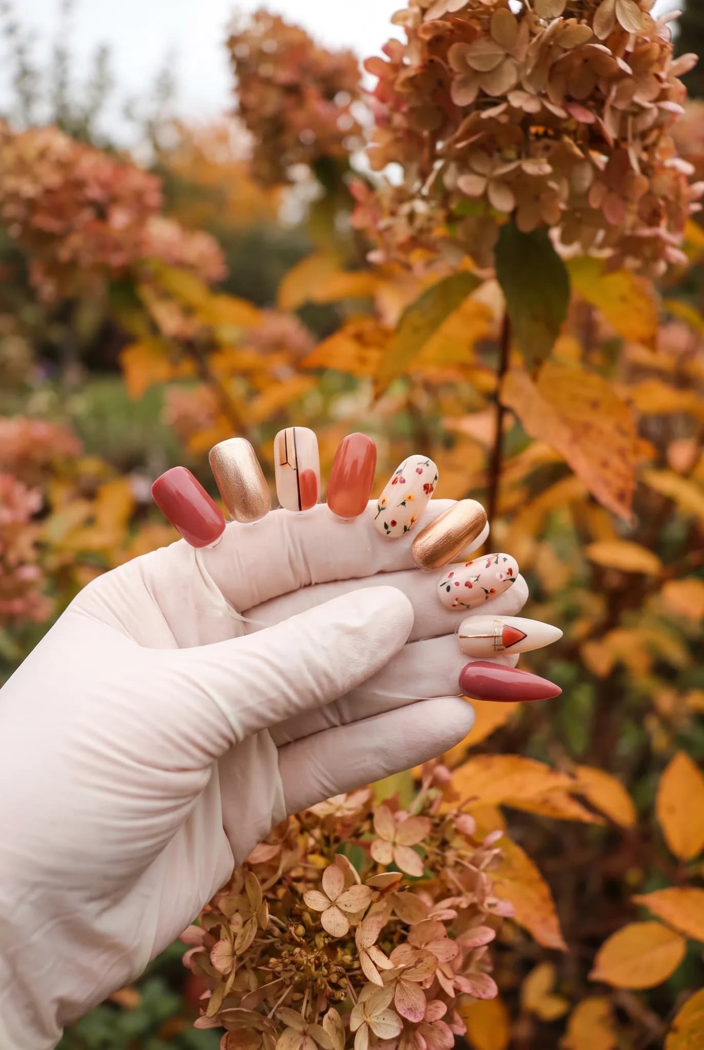 A close-up of manicured nails painted in burgundy and gold, set against a backdrop of colorful autumn leaves in soft daylight.