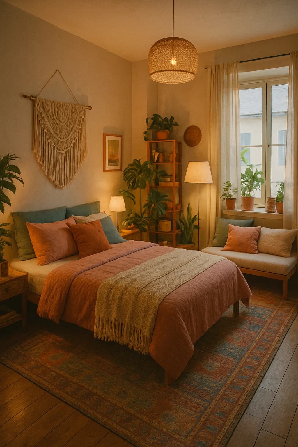 A cozy bedroom nook with warm lighting, showcasing earthy textiles and minimalistic furniture in a rectangular layout.