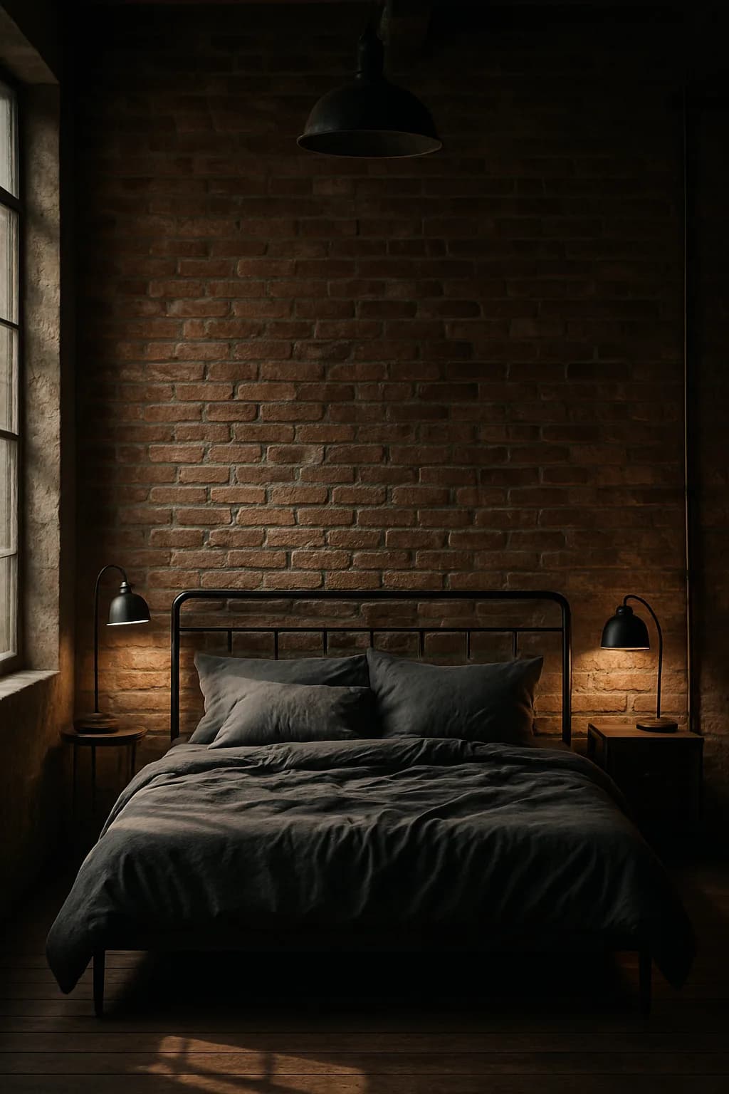 bedroom: Industrial Charm — urban loft with character — symmetrical layout — square layout, rectangular layout, L-shaped layout, minimalist