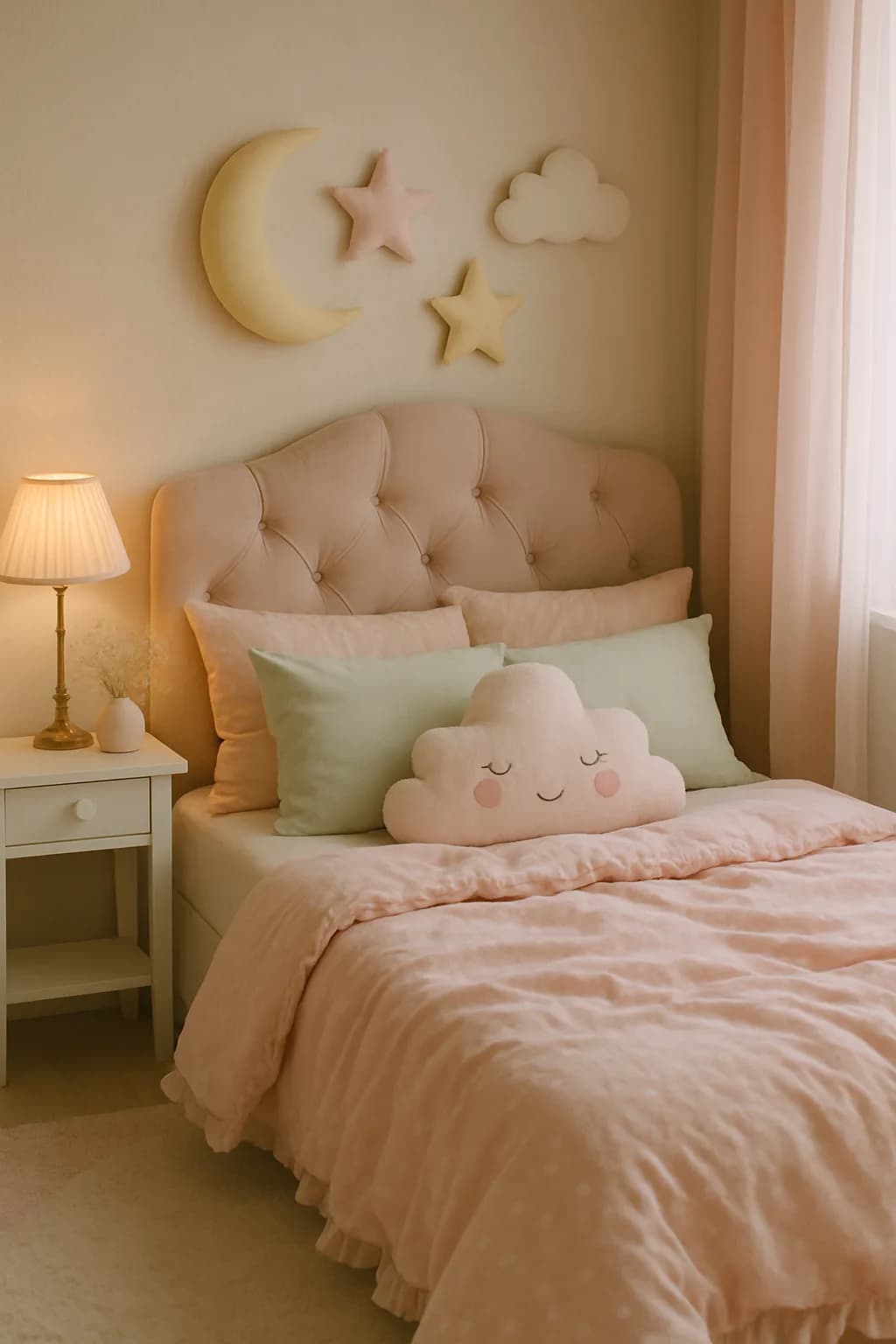 A softly lit bedroom showcasing pastel decor, featuring decorative pillows, an L-shaped layout, and a minimalist style.