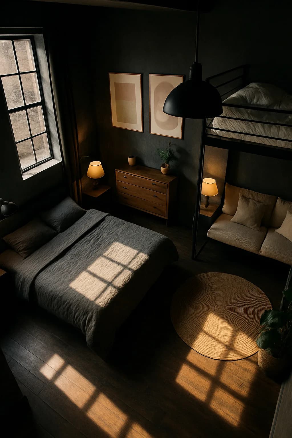 A photorealistic depiction of a stylish bedroom with an asymmetrical layout, featuring square, rectangular, and L-shaped furniture elements.