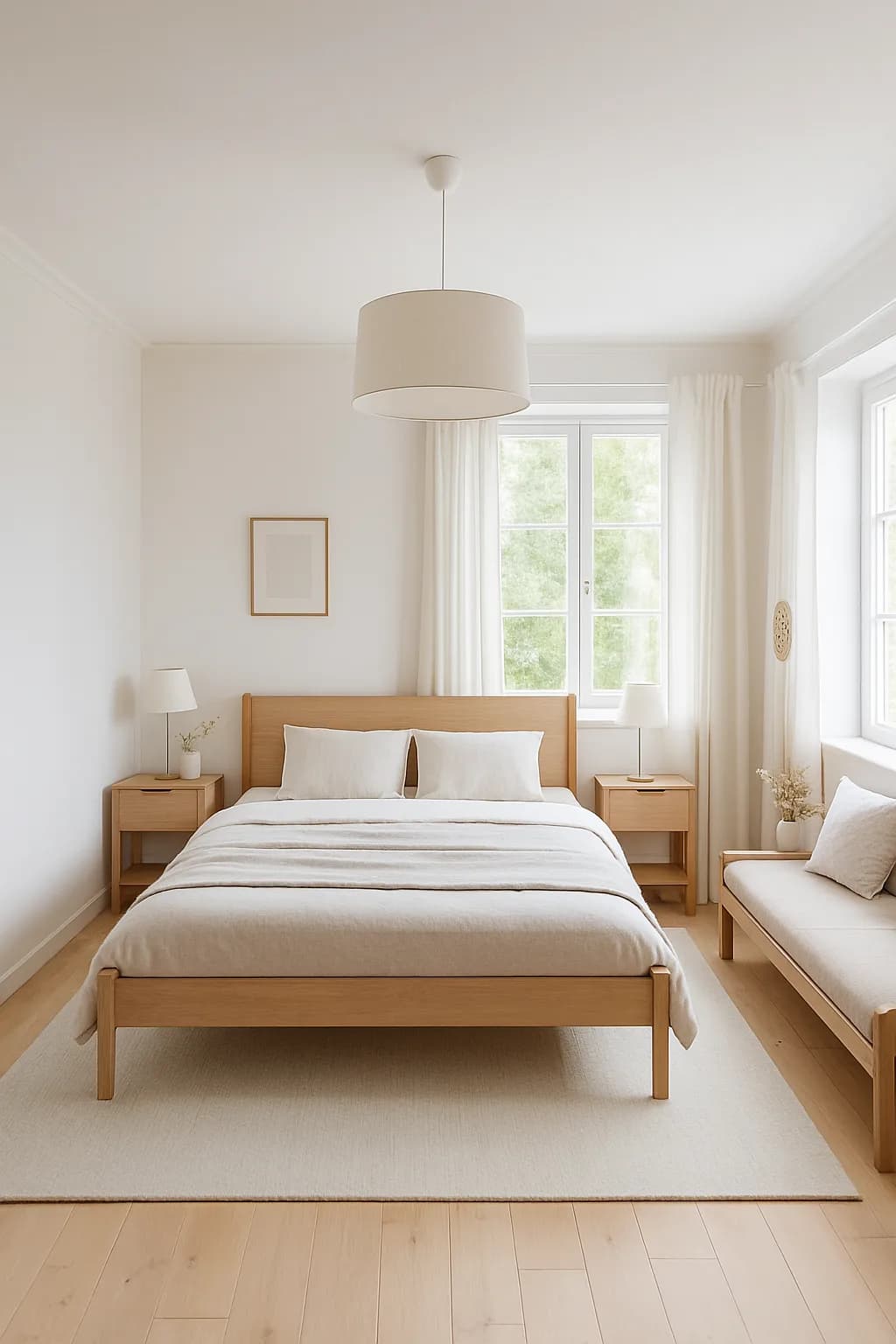 A bright bedroom with large windows, minimalist furnishings, and a serene atmosphere, showcasing Scandinavian design principles.