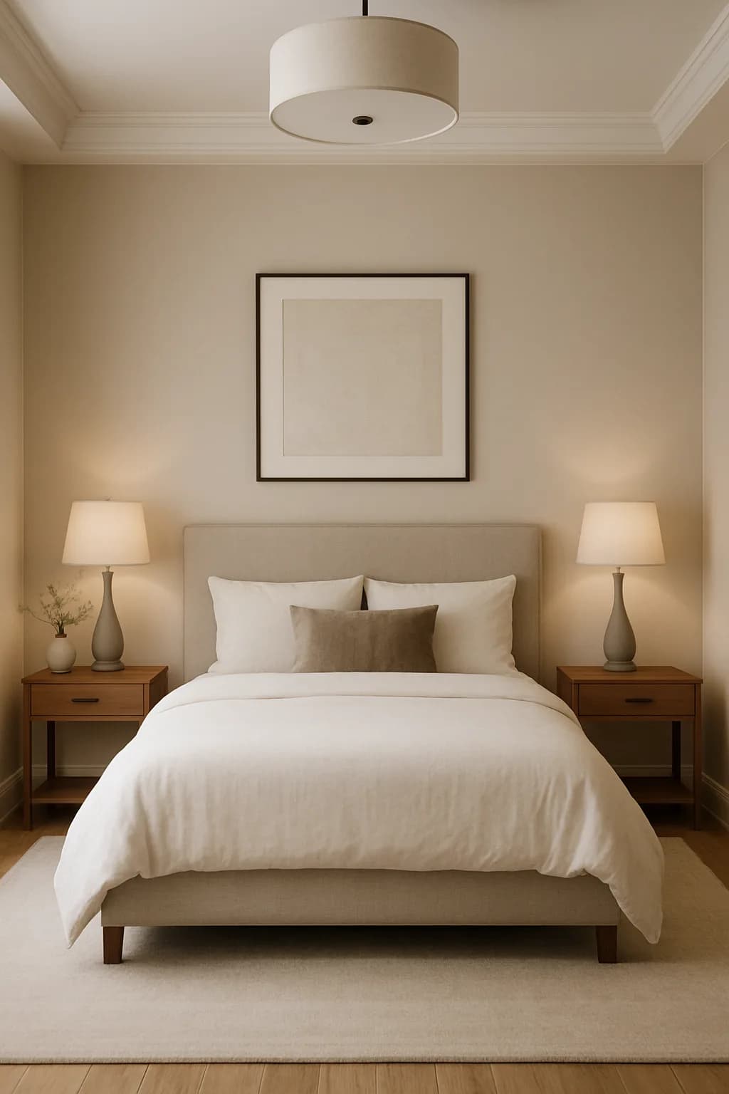 A beautifully arranged minimalist bedroom showcasing symmetrical layouts with square, rectangular, and L-shaped elements, flooded with natural light.