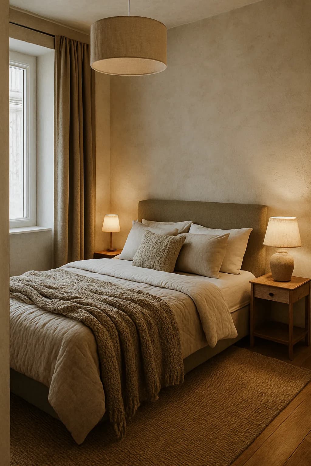 A cozy bedroom with an L-shaped layout, showcasing soft beige and grey textures, minimalist furniture, and natural light through sheer curtains.