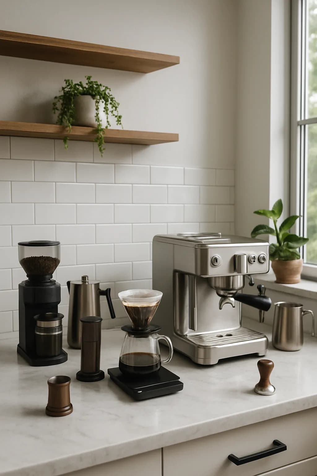 A wide view of a modern kitchen showcasing an espresso machine, pour-over coffee setup, French press, and AeroPress on a countertop, illuminated by natural light.