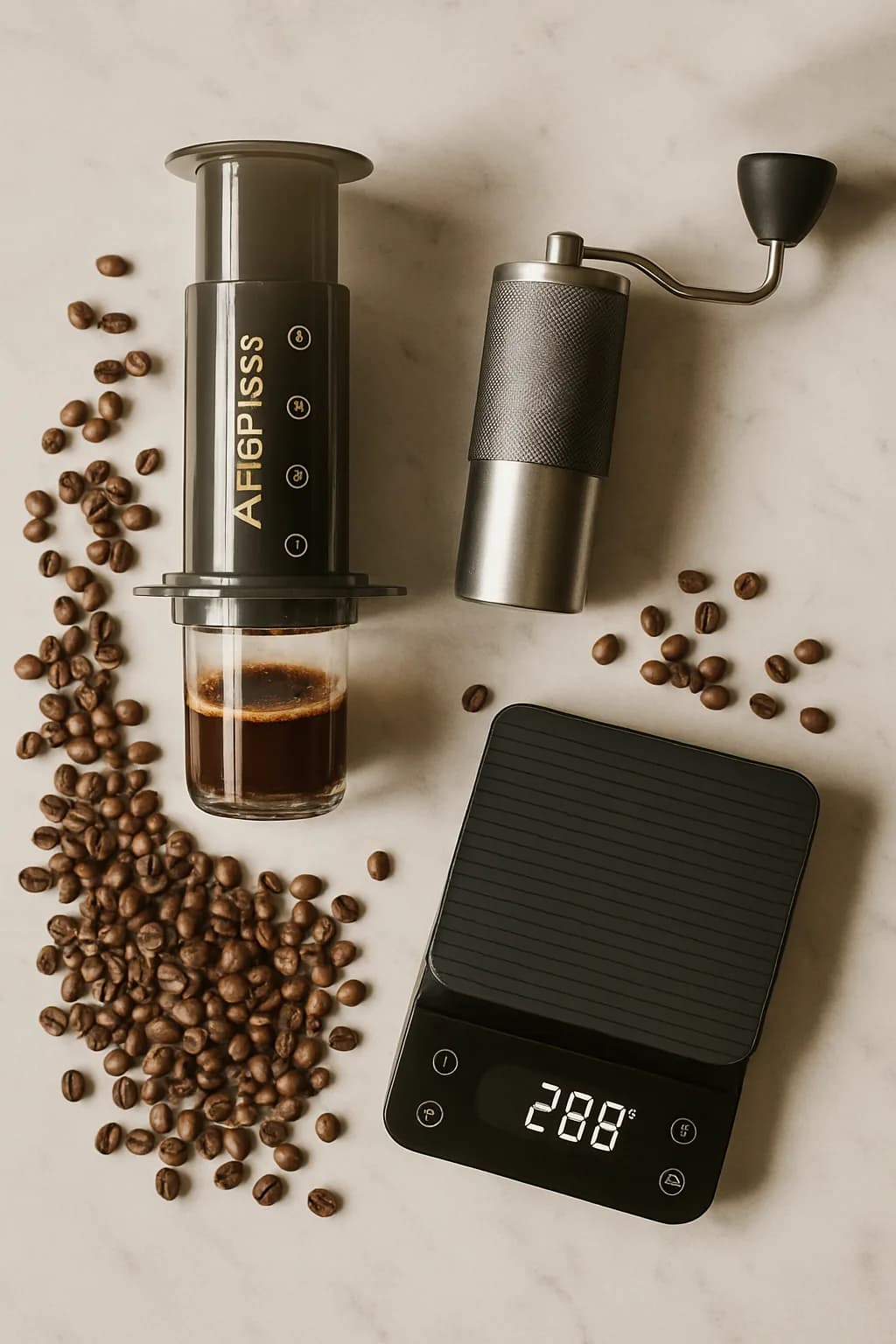 An overhead view of a minimalist kitchen setup with an espresso machine, pour-over, French press, and AeroPress arranged artistically on a white surface.
