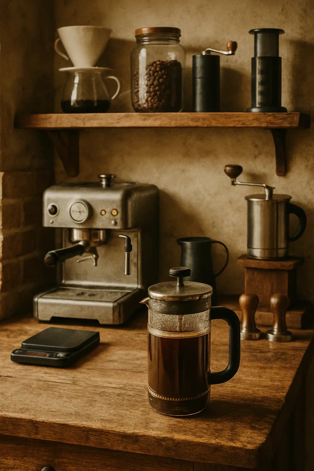 A close-up of a rustic kitchen countertop with an espresso machine, pour-over setup, French press, and AeroPress arranged artfully.