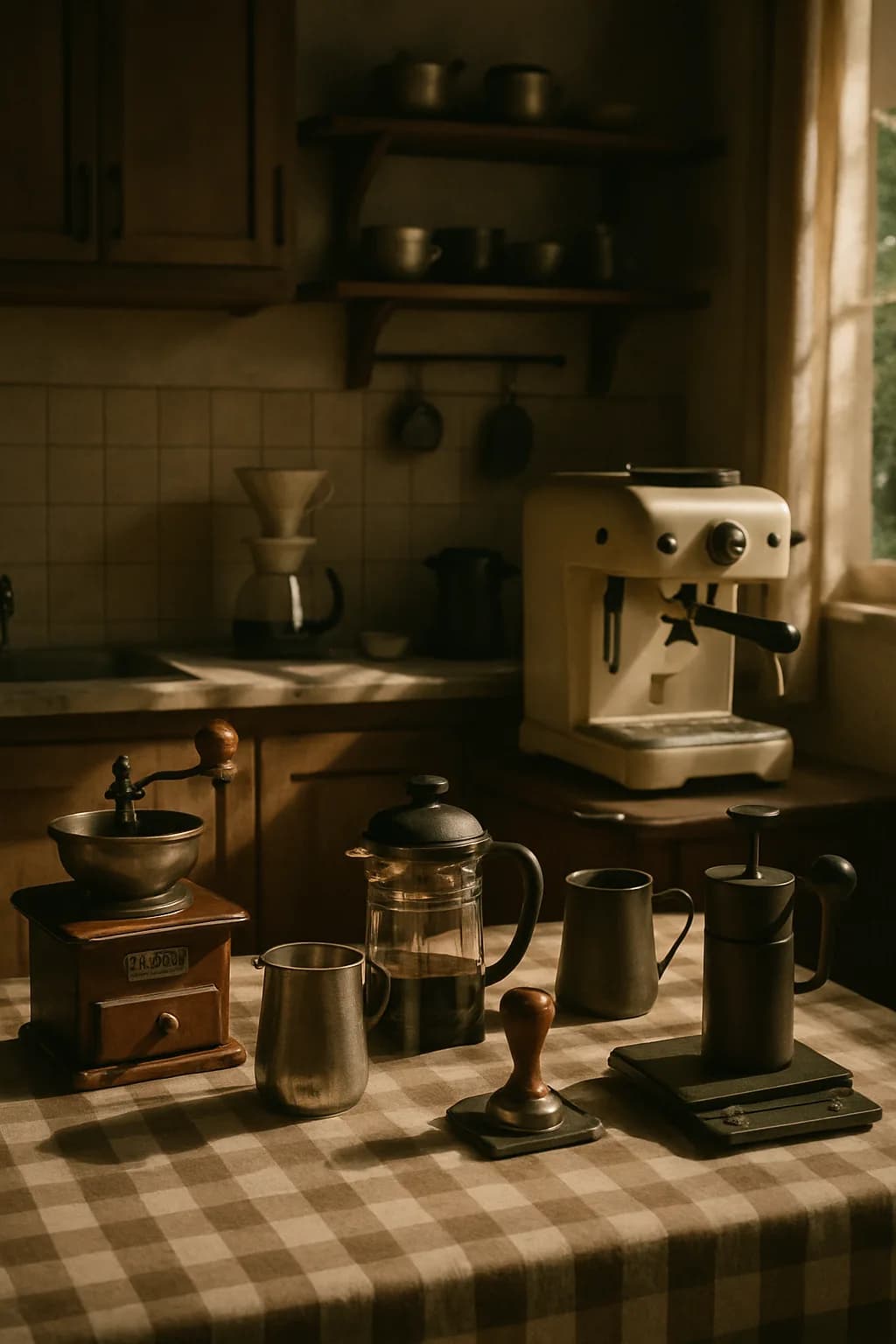 A wide view of a vintage-inspired home barista setup, featuring an espresso machine, pour-over station, French press, and AeroPress, all bathed in warm light.