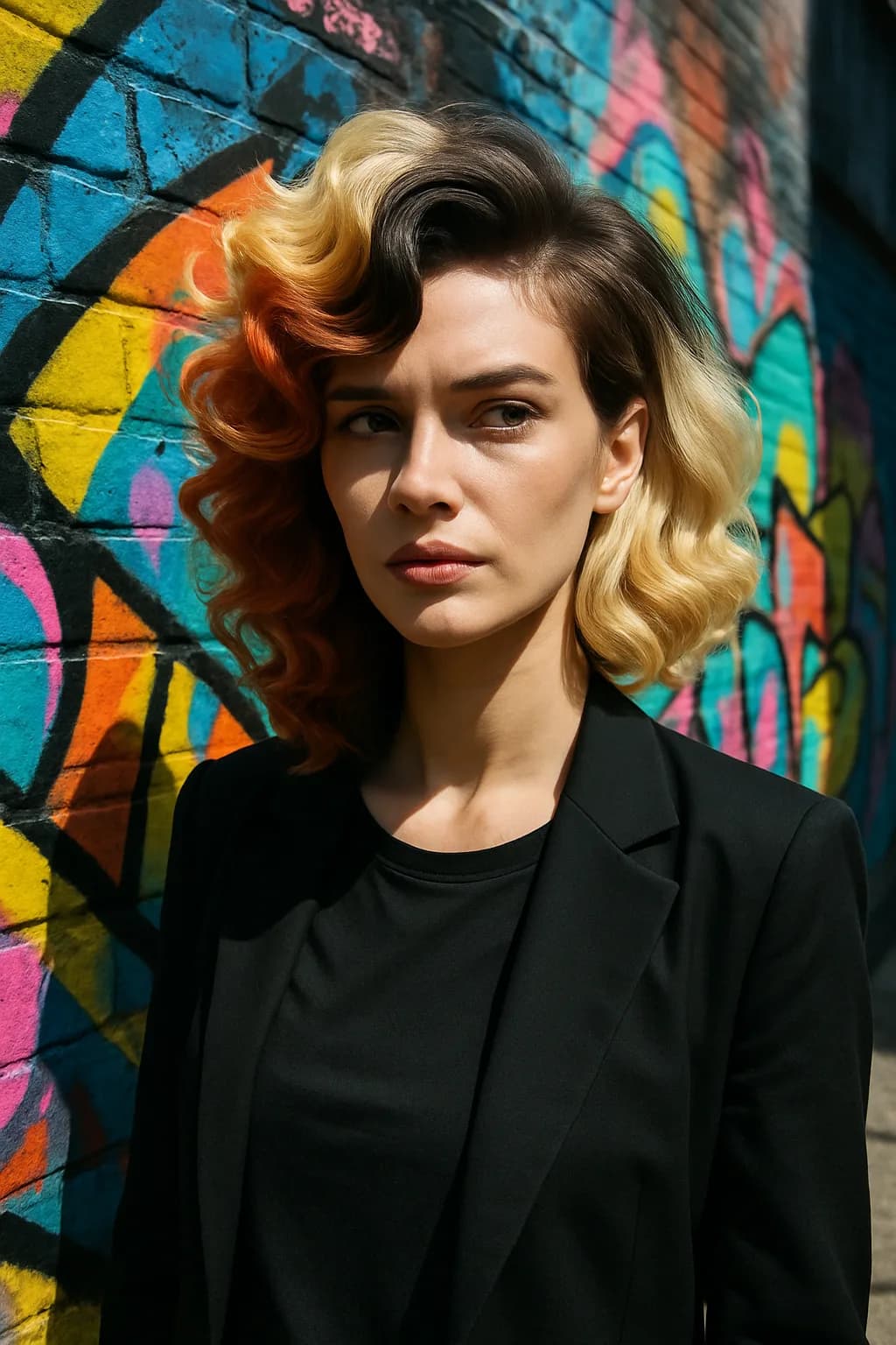 A medium shot of an urban street with colorful graffiti, showcasing a model with blonde hair styled in short, medium, and long lengths, set in a lively urban context.