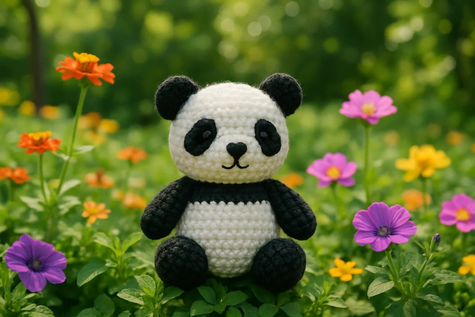 A crochet panda with detailed black and white yarn sits among green bamboo in a sunlit forest, showcasing its lifelike features.