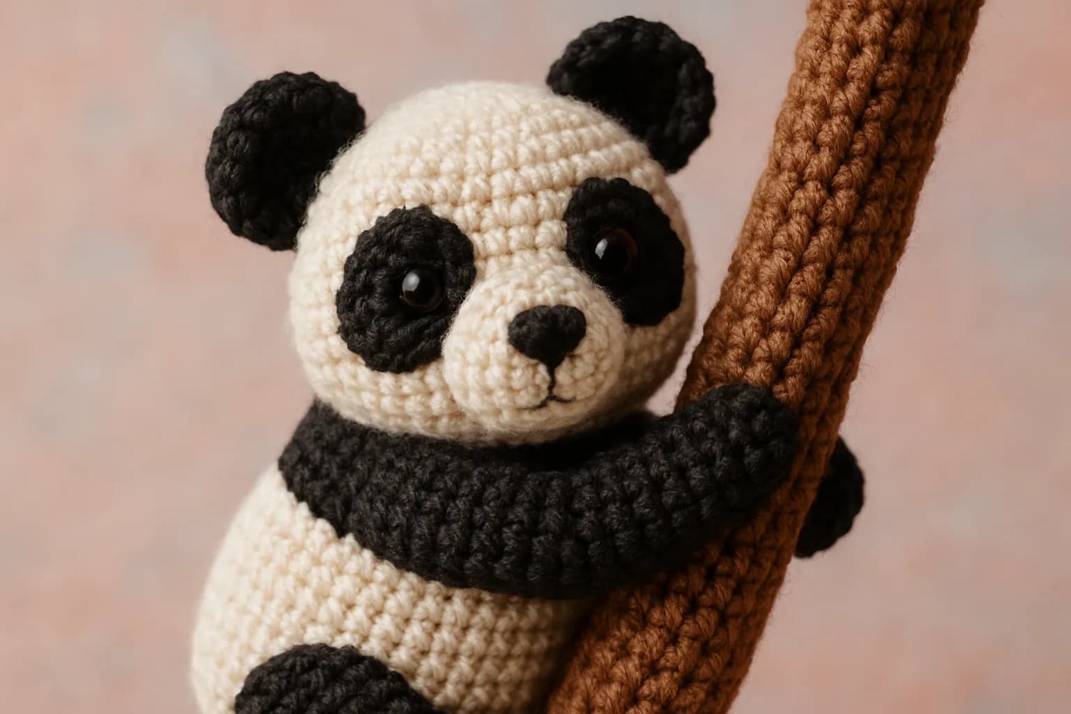 A close-up of a crocheted panda, showcasing bold colors and intricate patterns in a cozy indoor setting.