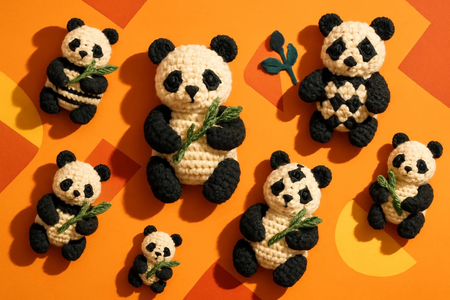 A cozy indoor space showcasing abstract geometric shapes in vibrant colors, including a crochet panda pattern, all styled in a photorealistic manner.