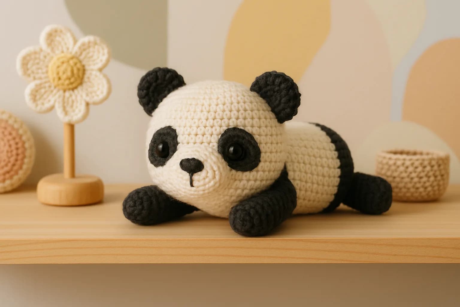 A crochet panda in soft pastel colors, surrounded by abstract shapes in a plain backdrop, showcasing its intricate crochet patterns and textures.