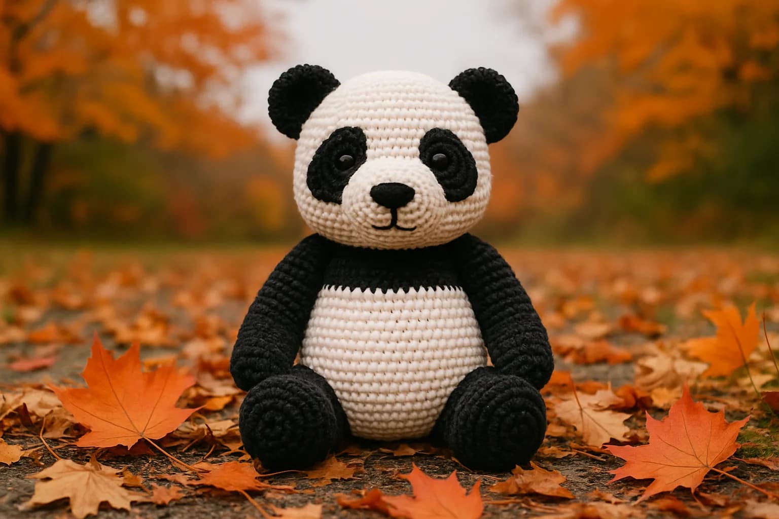 A photorealistic black and white crochet representation of a panda on a solid color background, highlighting the intricate pattern and texture.