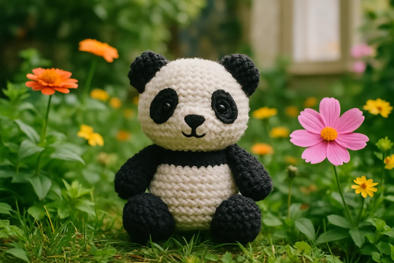 A crochet panda with black and white patterns rests in a green outdoor setting, surrounded by soft foliage and filtered sunlight.