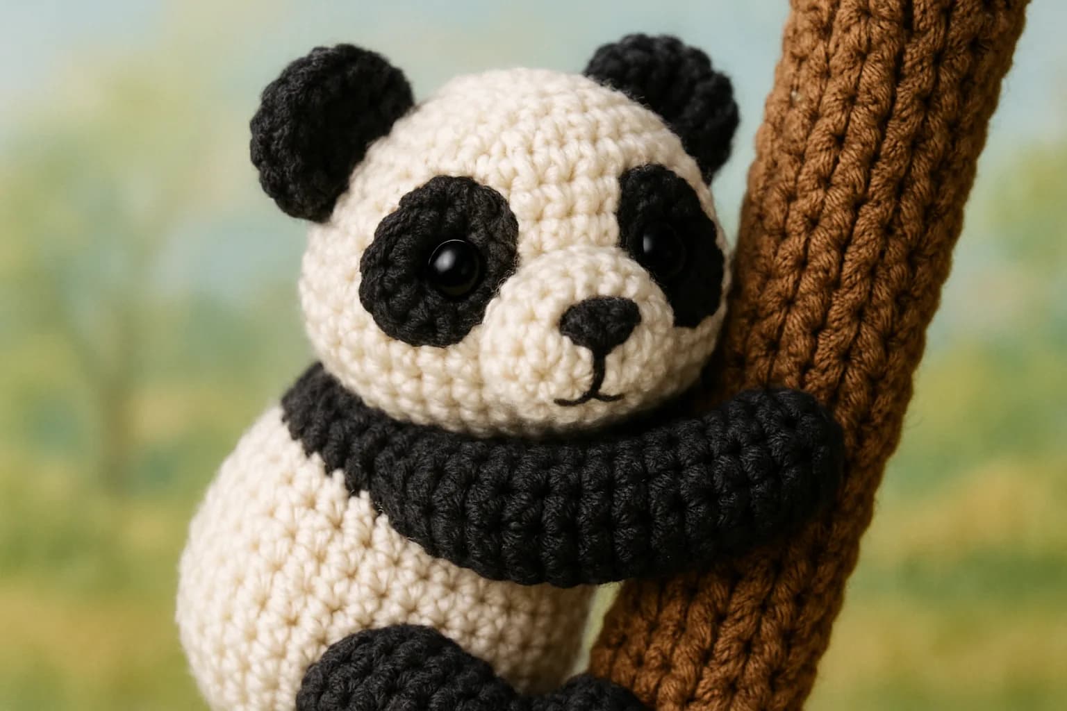 A close-up of a crochet panda surrounded by bright green foliage and colorful flowers, emphasizing the texture of the yarn and details of the panda's face.