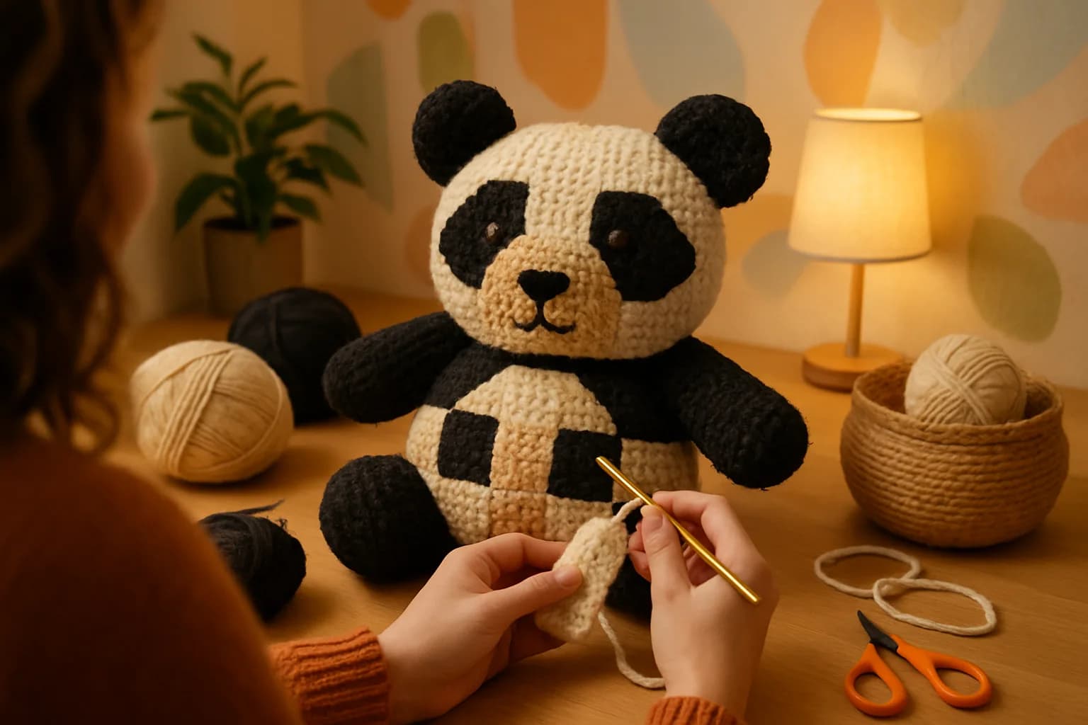 A cozy crafting space with pastel-colored yarn and a crochet panda pattern, surrounded by abstract shapes and soft lighting.