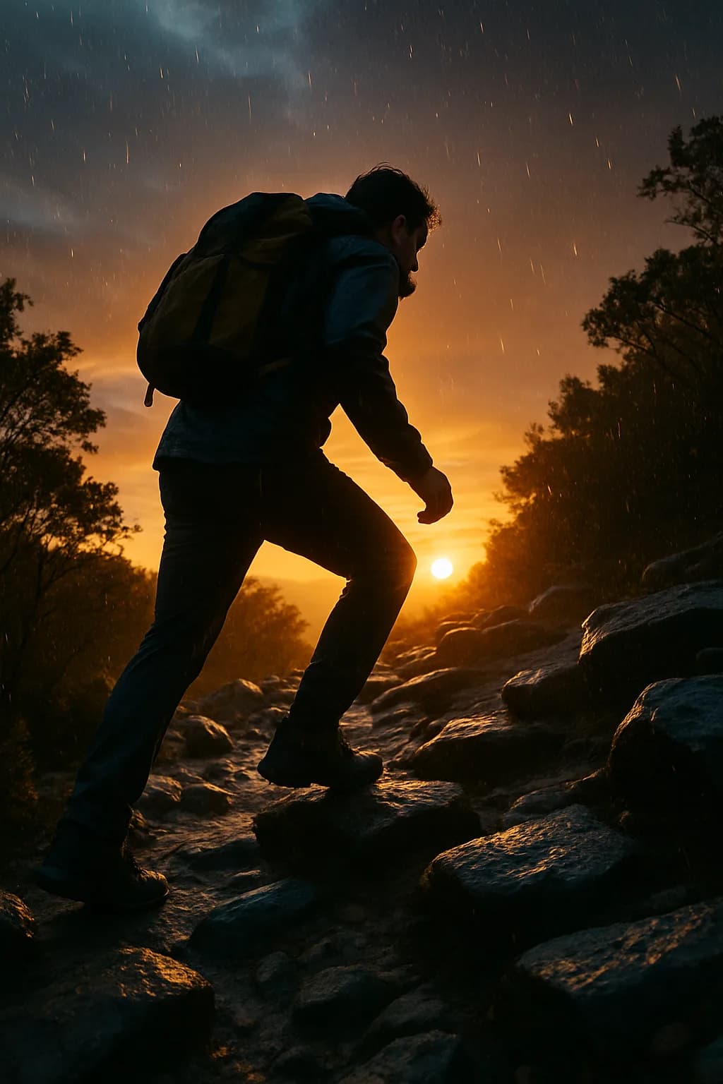 A close-up of a grey lightweight backpack with reflective details on a starry night, set against a mountain backdrop.