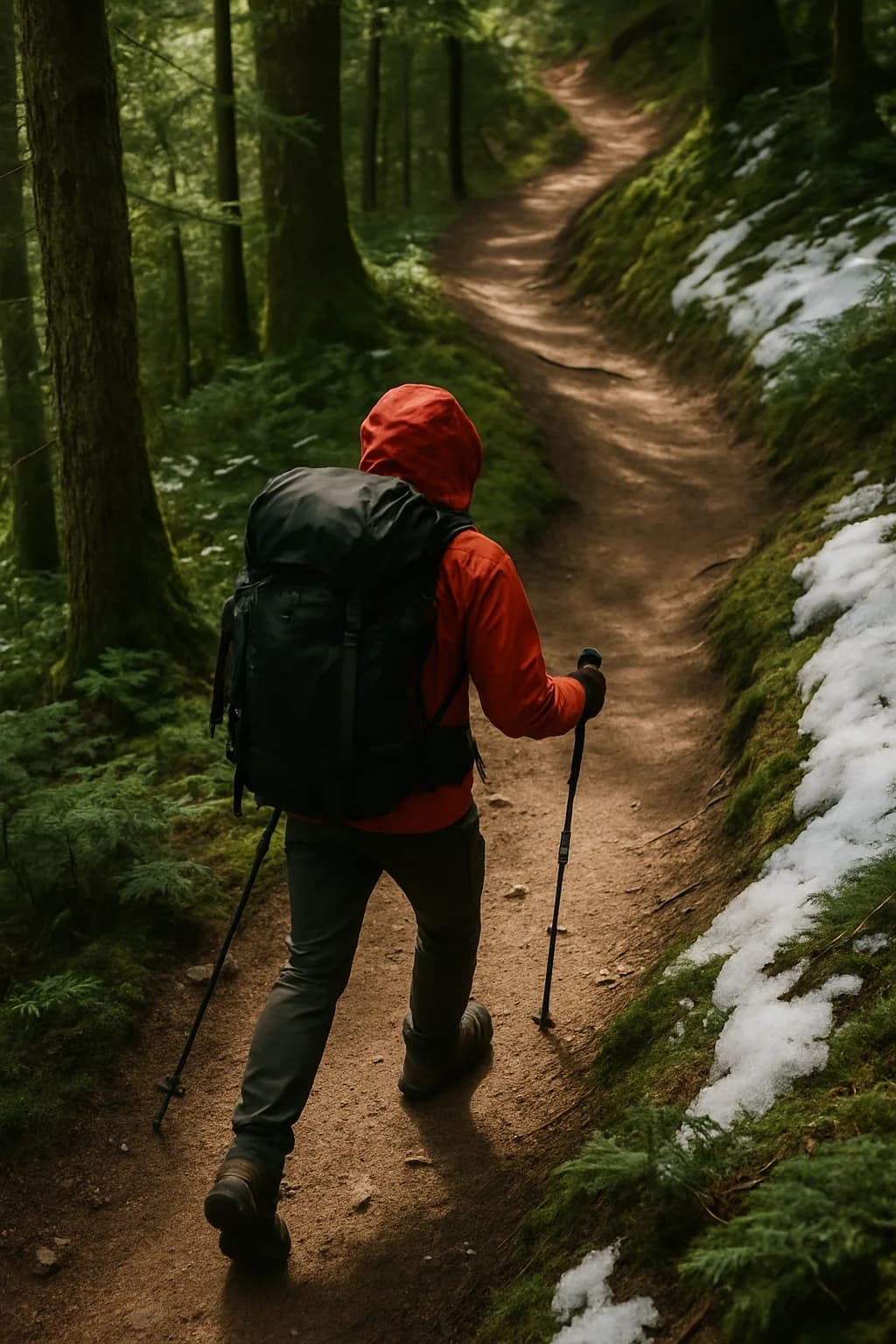 Aerial view of a forest path with technical hiking gear placed along the trail, surrounded by dense green foliage under bright midday sunlight.