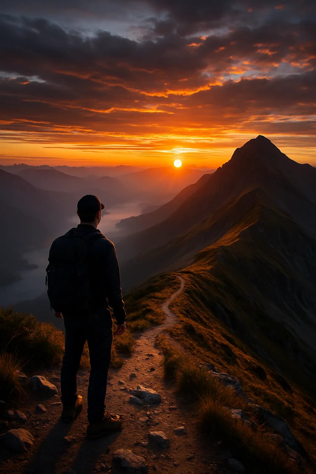 A model in casual black and white hiking clothes stands on a rocky ridge during a vibrant orange and pink sunset over mountains.