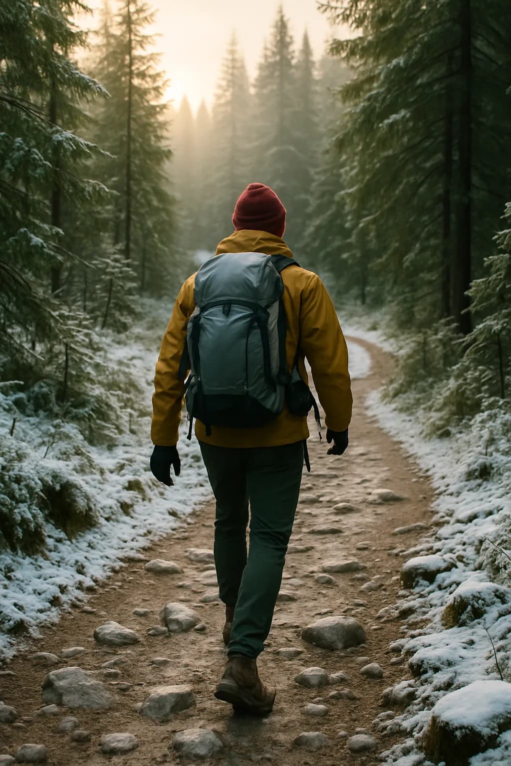 A wide-angle view of hiking gear on rocky terrain at sunrise, showcasing backpacks, boots, and trekking poles illuminated by warm golden light.