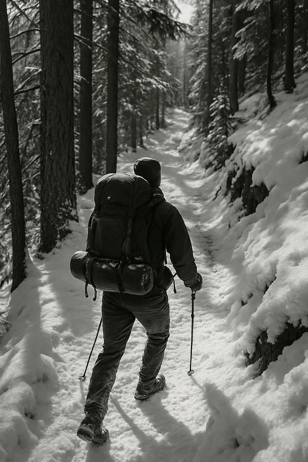 A black and white photo of a forest path with heavy equipment, showcasing the interplay of light and shadow in a rugged terrain.