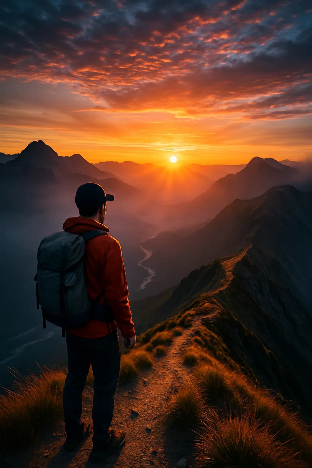 A light backpack placed on rocky ground, bathed in warm sunset light with a mountain ridge in the background.