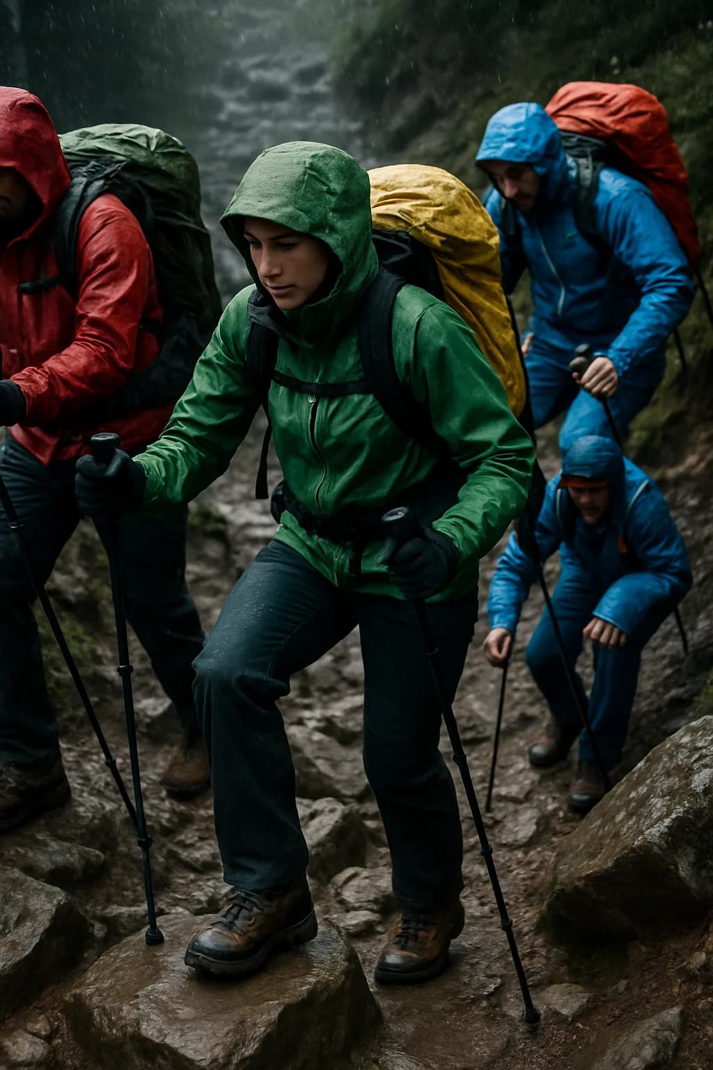A wide-angle view of a hiker with technical gear on a rocky trail at night, illuminated by headlamps against a dark blue sky.