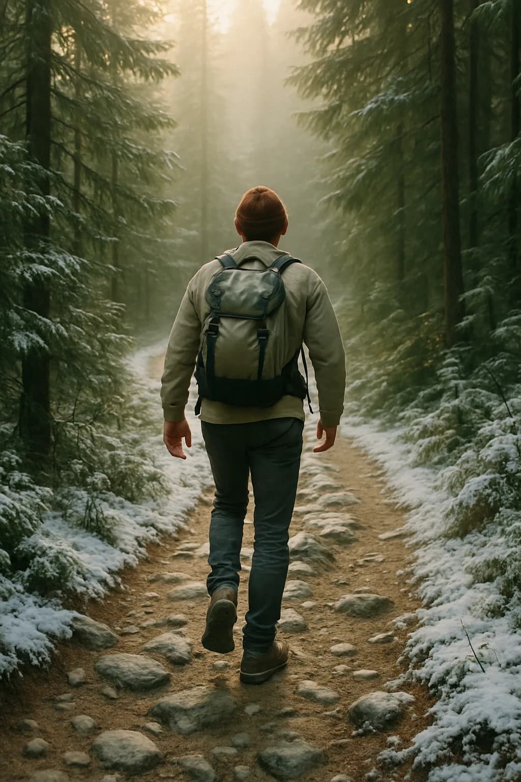 A close-up view of a light backpack with a textured fabric, illuminated by the warm colors of a sunrise in the background, suggesting an outdoor hiking experience.