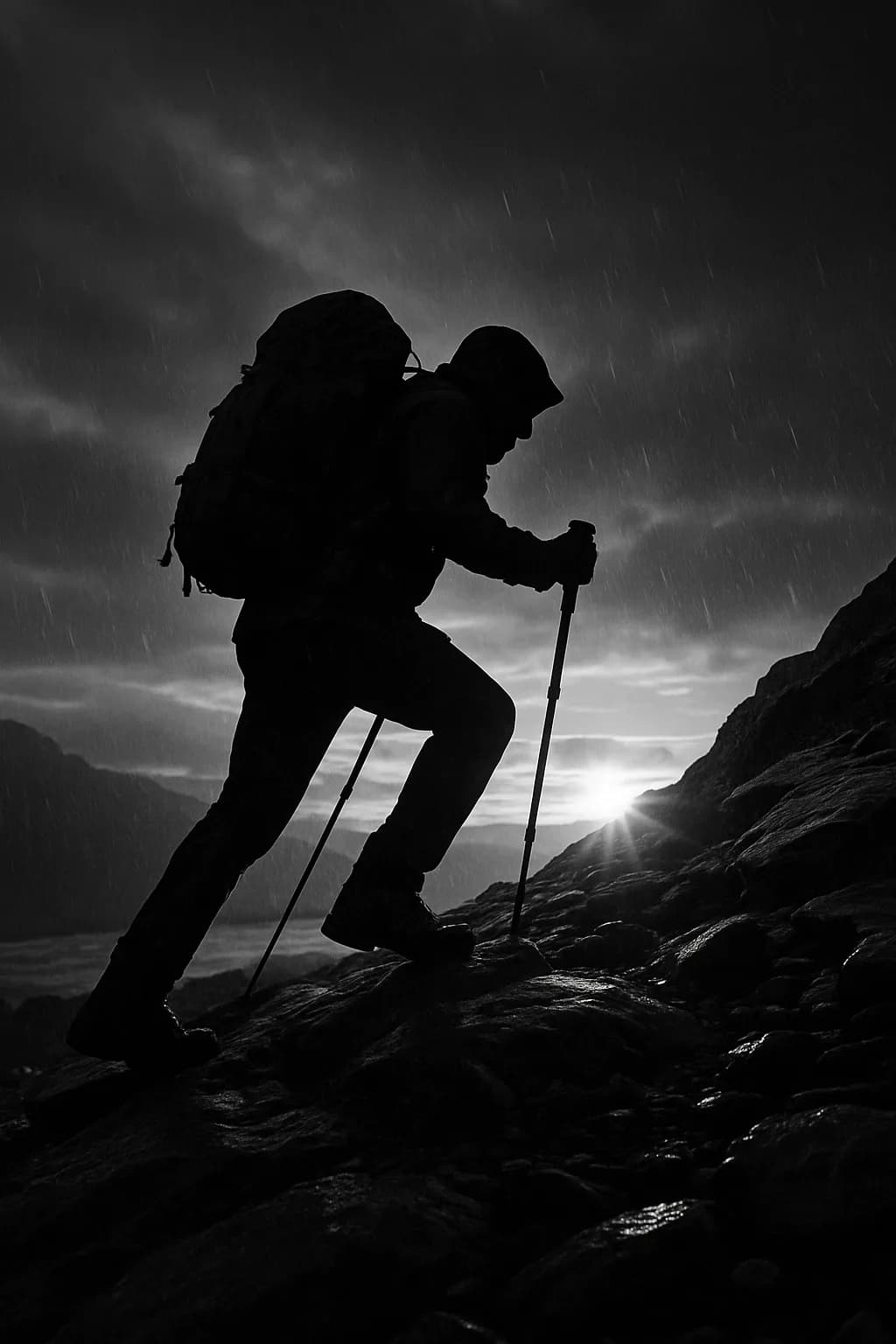 Silhouetted heavy machinery against a striking black and white sunset, with intricate details visible in the equipment and a rugged landscape surrounding it.