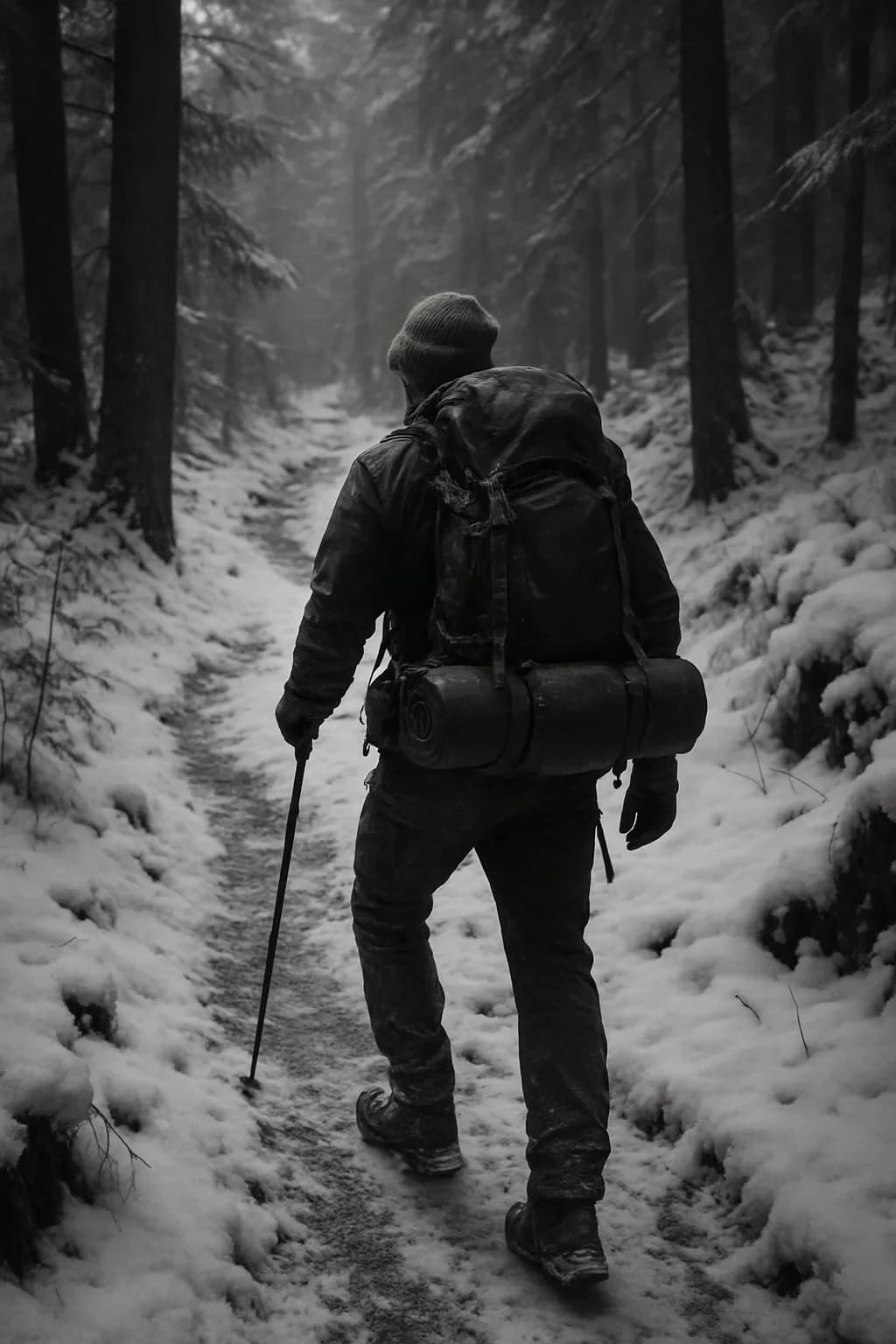 A winding forest path under a sunset sky, with heavy equipment off to the side in a black and white setting.