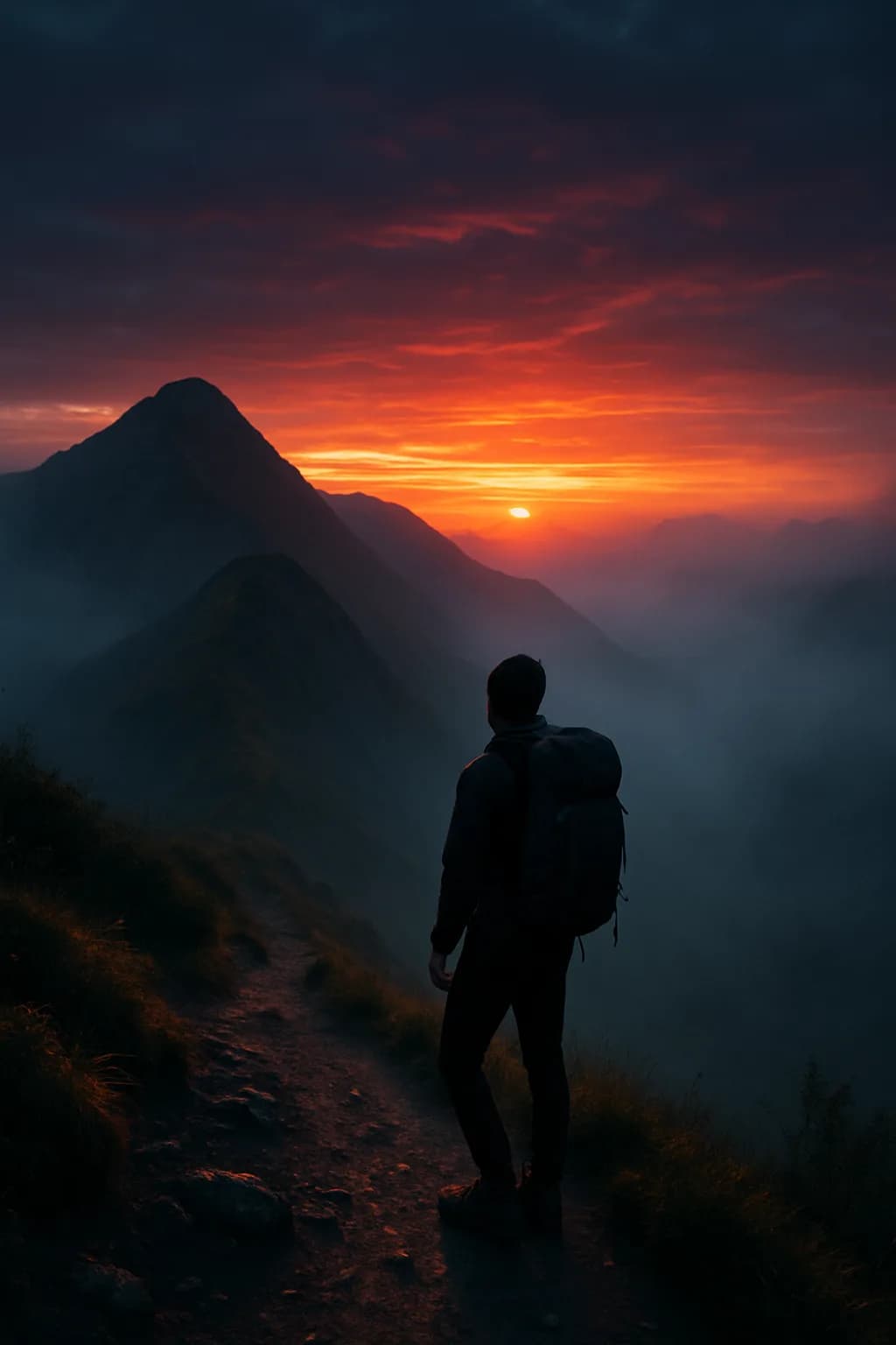 A close-up of a dark gray lightweight backpack in the foreground with a sunset casting orange, purple, and blue hues across a mountain ridge in the background.