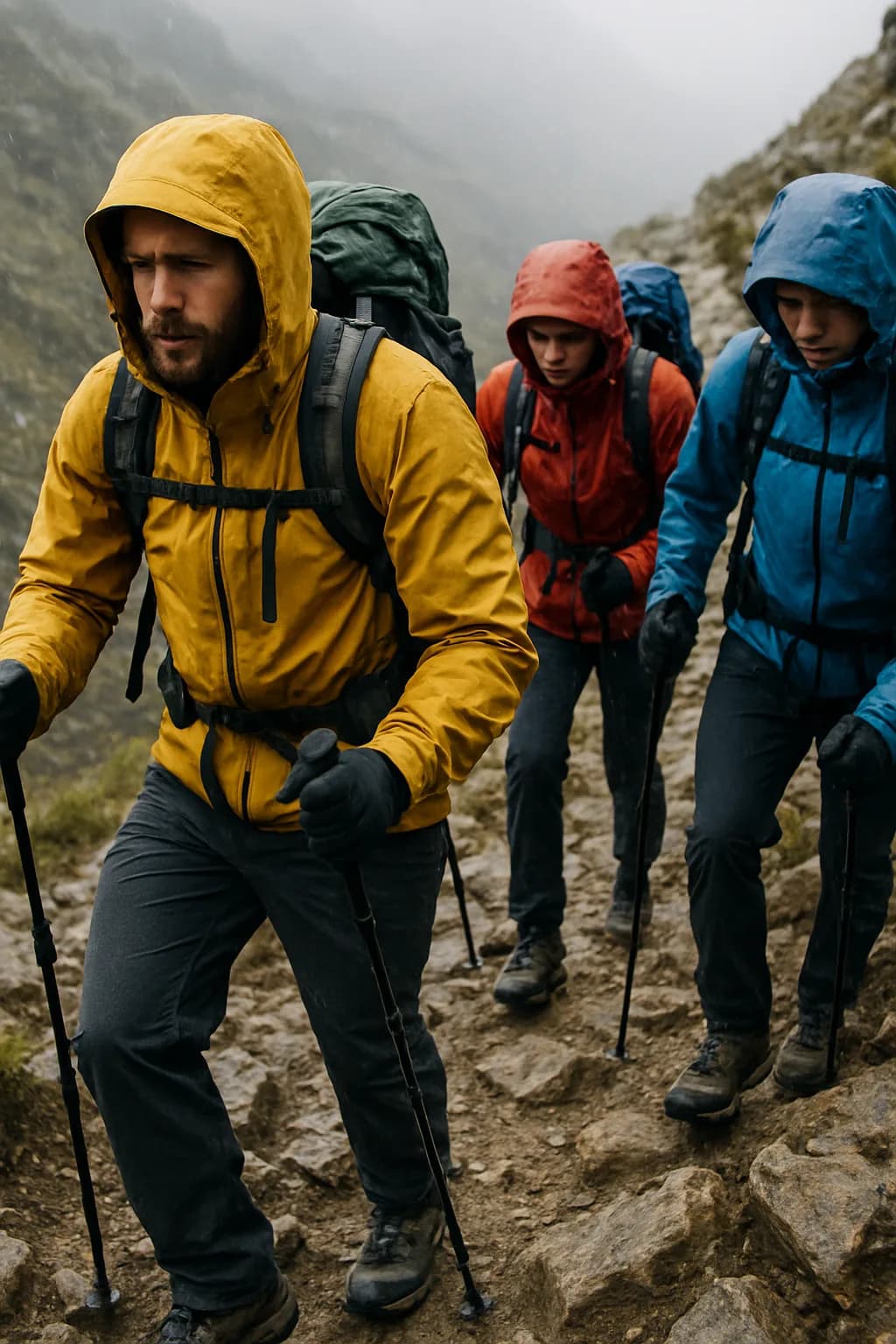 A wide-angle view of hikers on a rocky trail, showcasing their technical gear under bright midday sunlight with shadows on the ground.