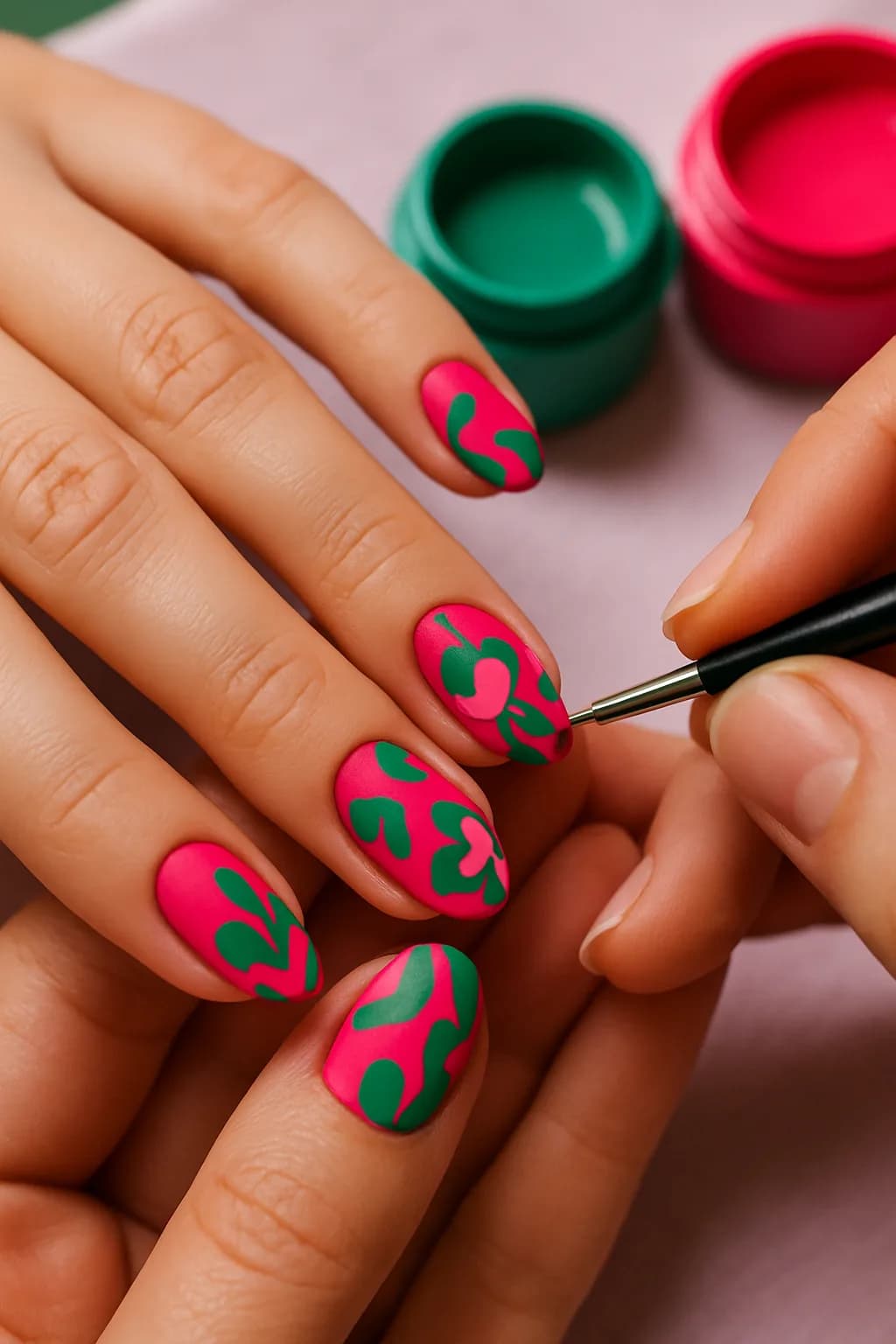 Close-up of oval-shaped nails with a matte finish, featuring an abstract design in navy blue and coral colors.