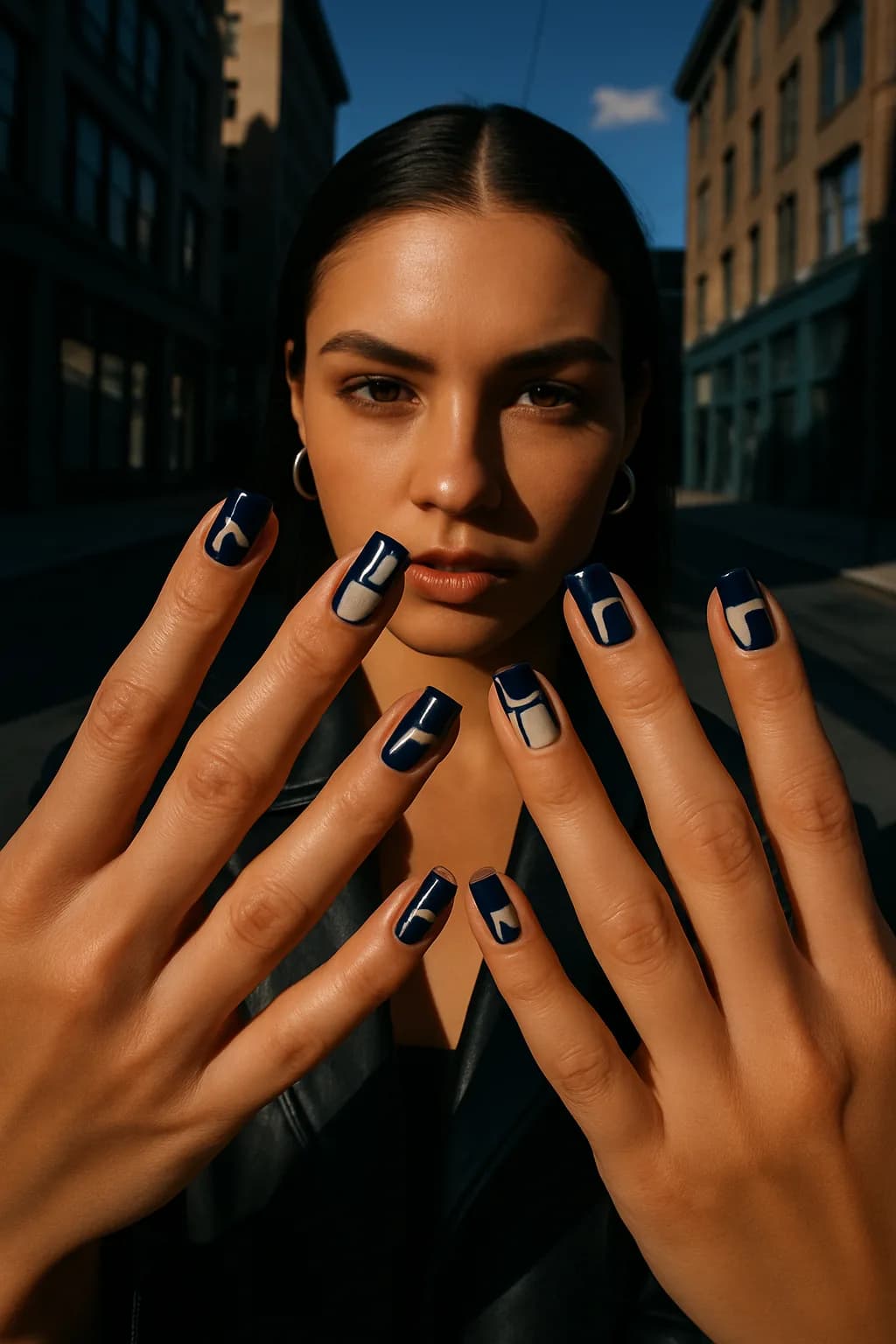 A close-up of square-shaped nails painted in a glossy black finish, displayed against a light neutral background.